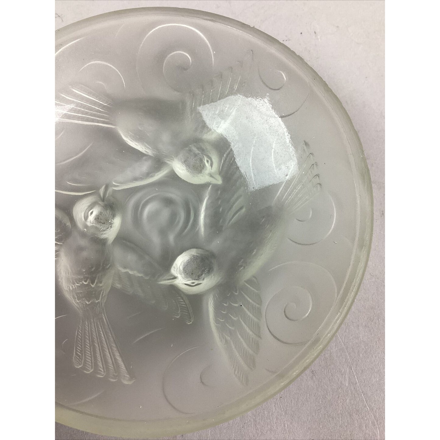 Vintage Czech Frosted Crystal Glass Flying Birds Trinket Dish - 4”