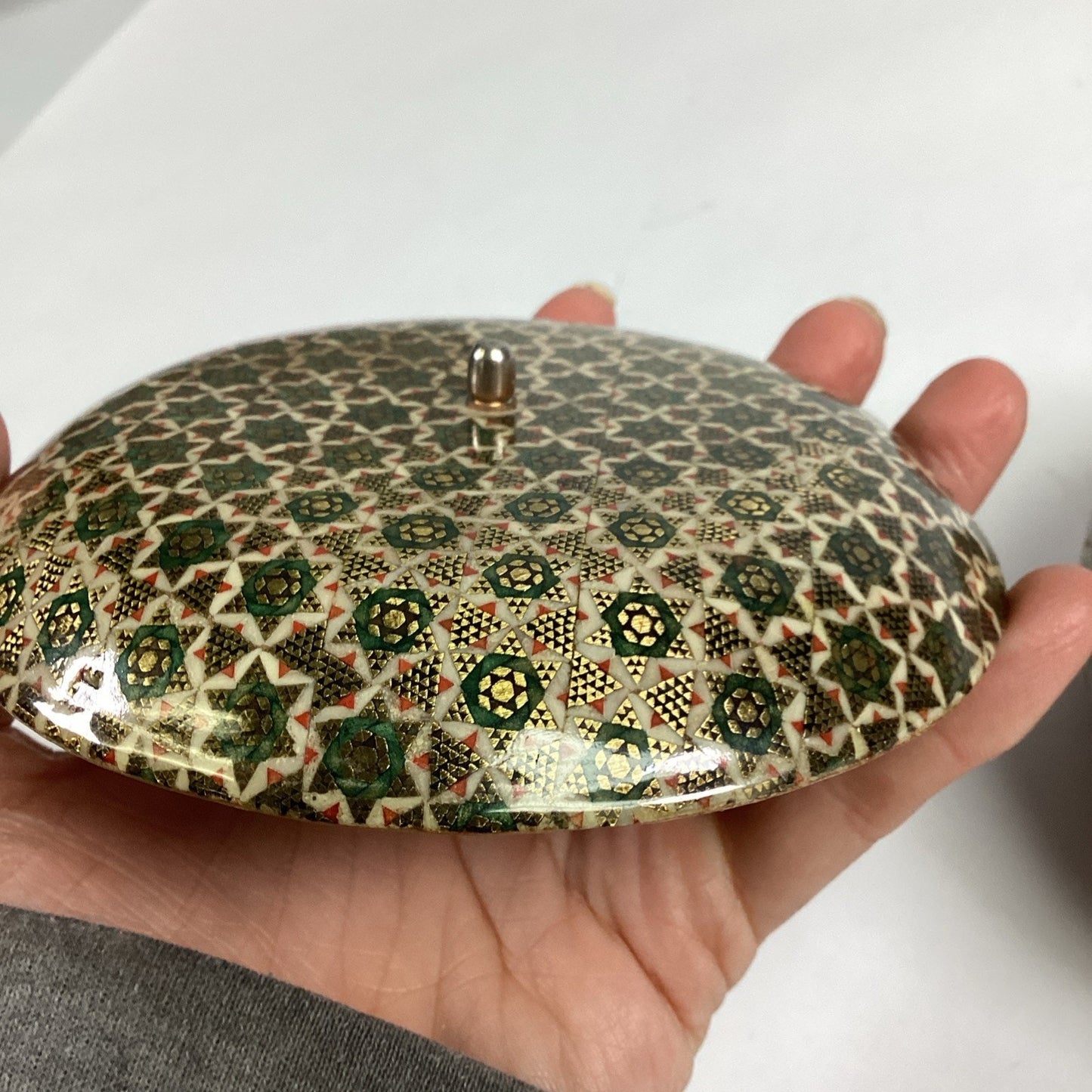 Antique Anglo Indian Micro Mosiac Inlaid Round Trinket Box