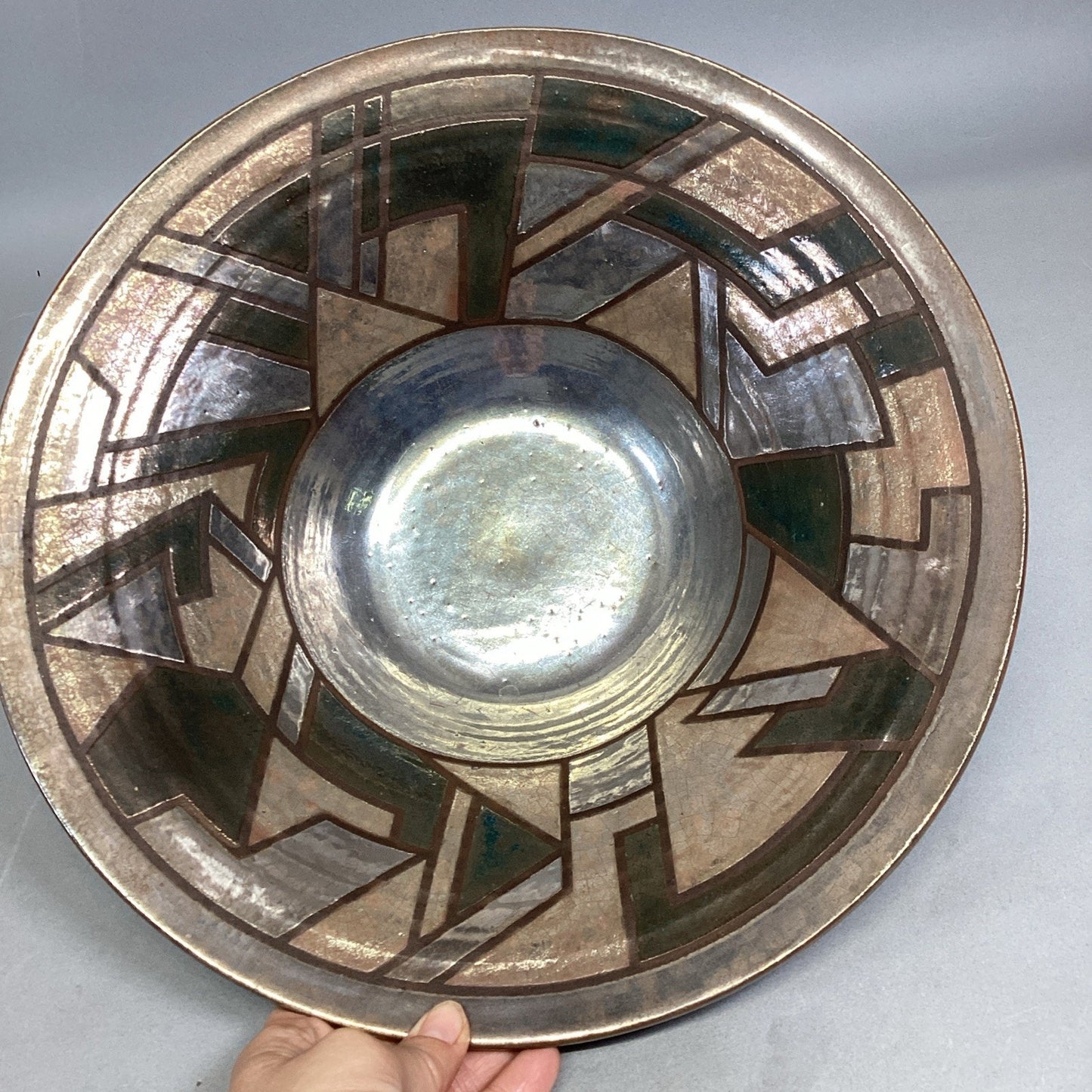 Handmade Pottery Large Geometric Shape Salad Or Fruit Bowl - 13”D