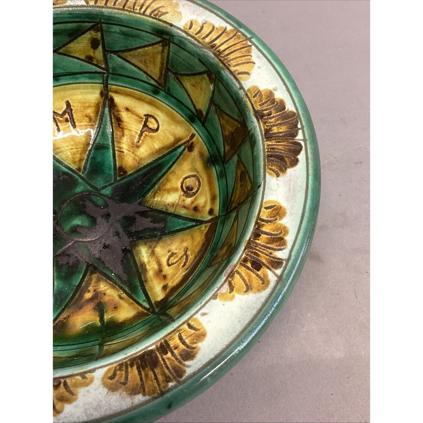 Handmade Green & Yellow Pottery Bowl - 2”Hx7”D