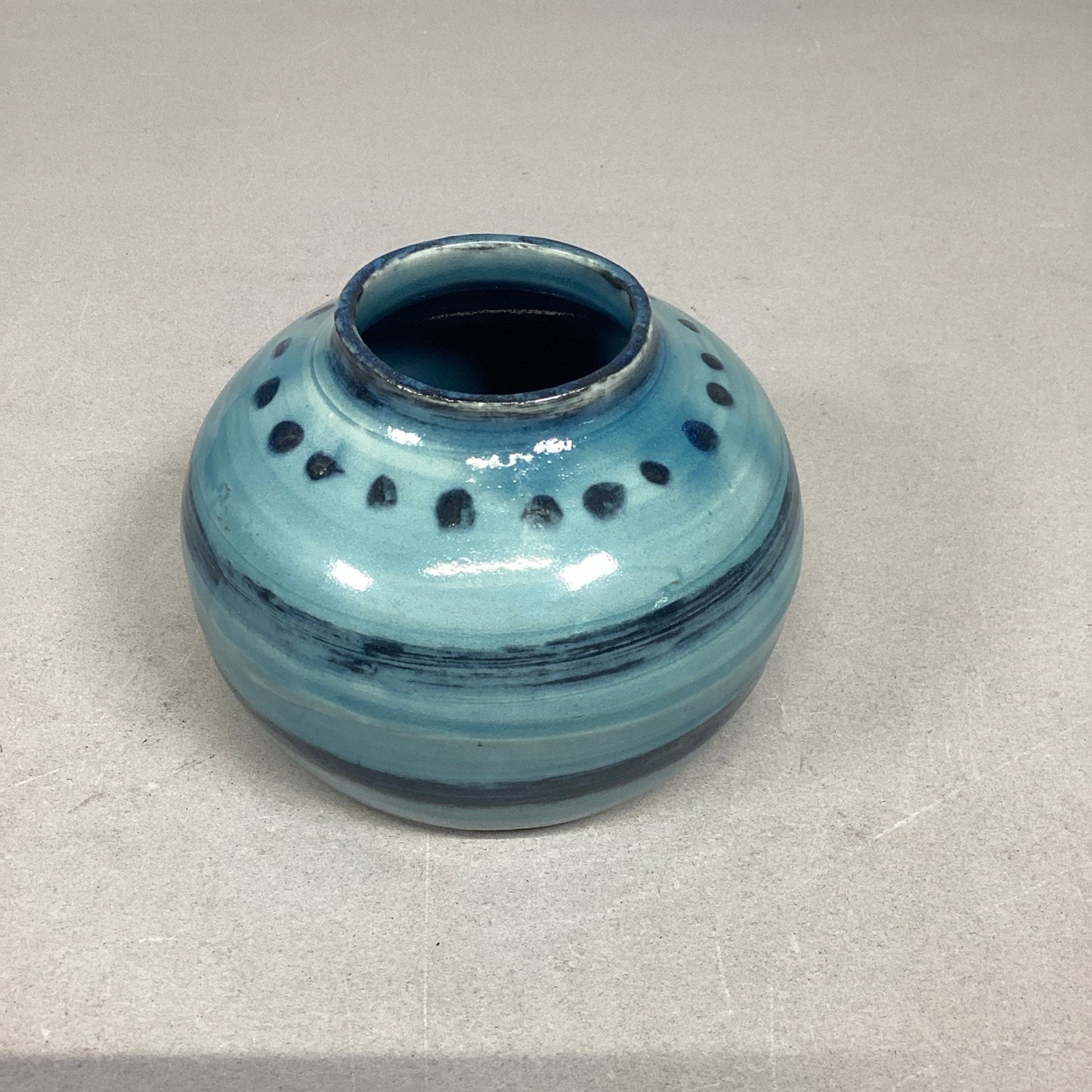 Handmade Pottery Clay Blue Stripe Vase - 3.25”Hx3.5”D