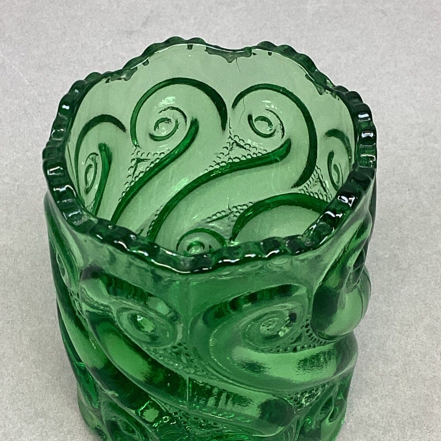 Vintage Pressed Green Glass Toothpick Holder Swirling Waves - 2.5x1.75”