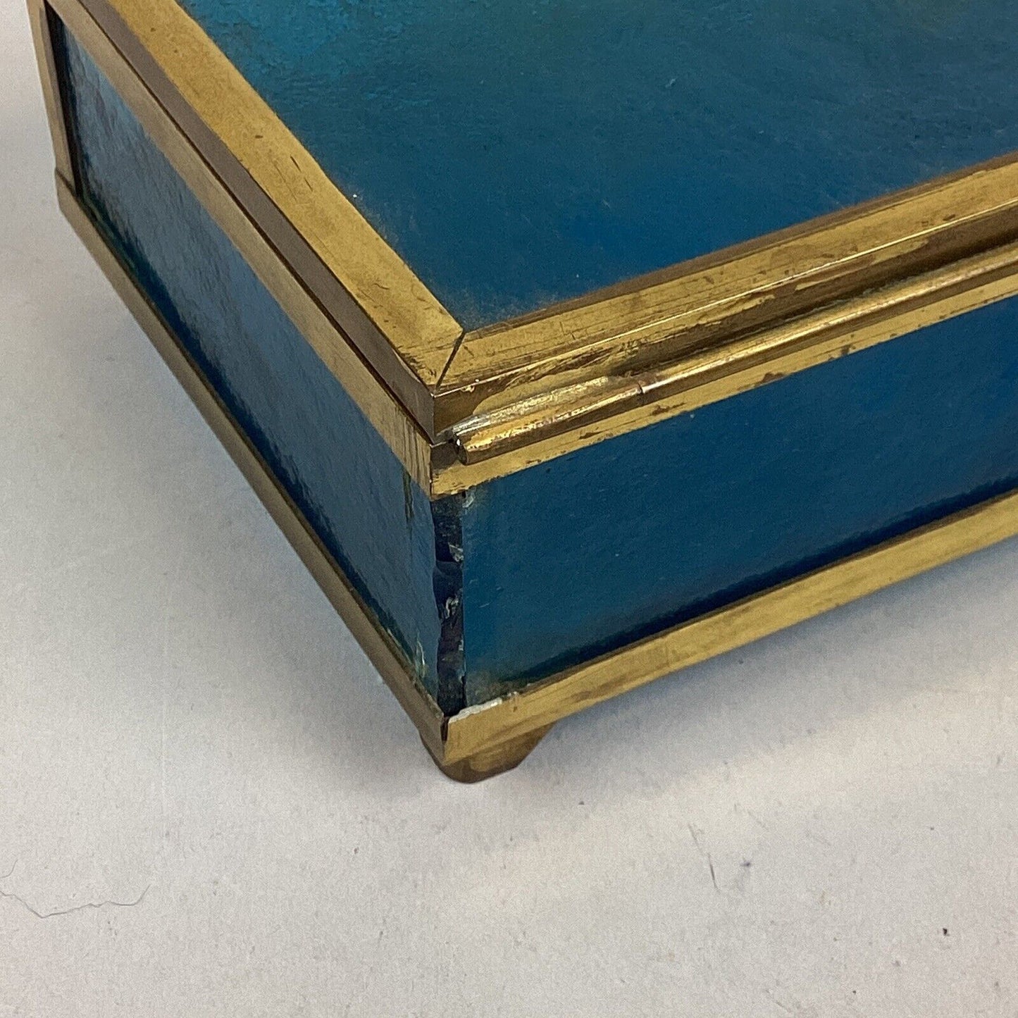 Vintage Blue Etched Glass With Gold Trim Jewelry Box Trinket Box