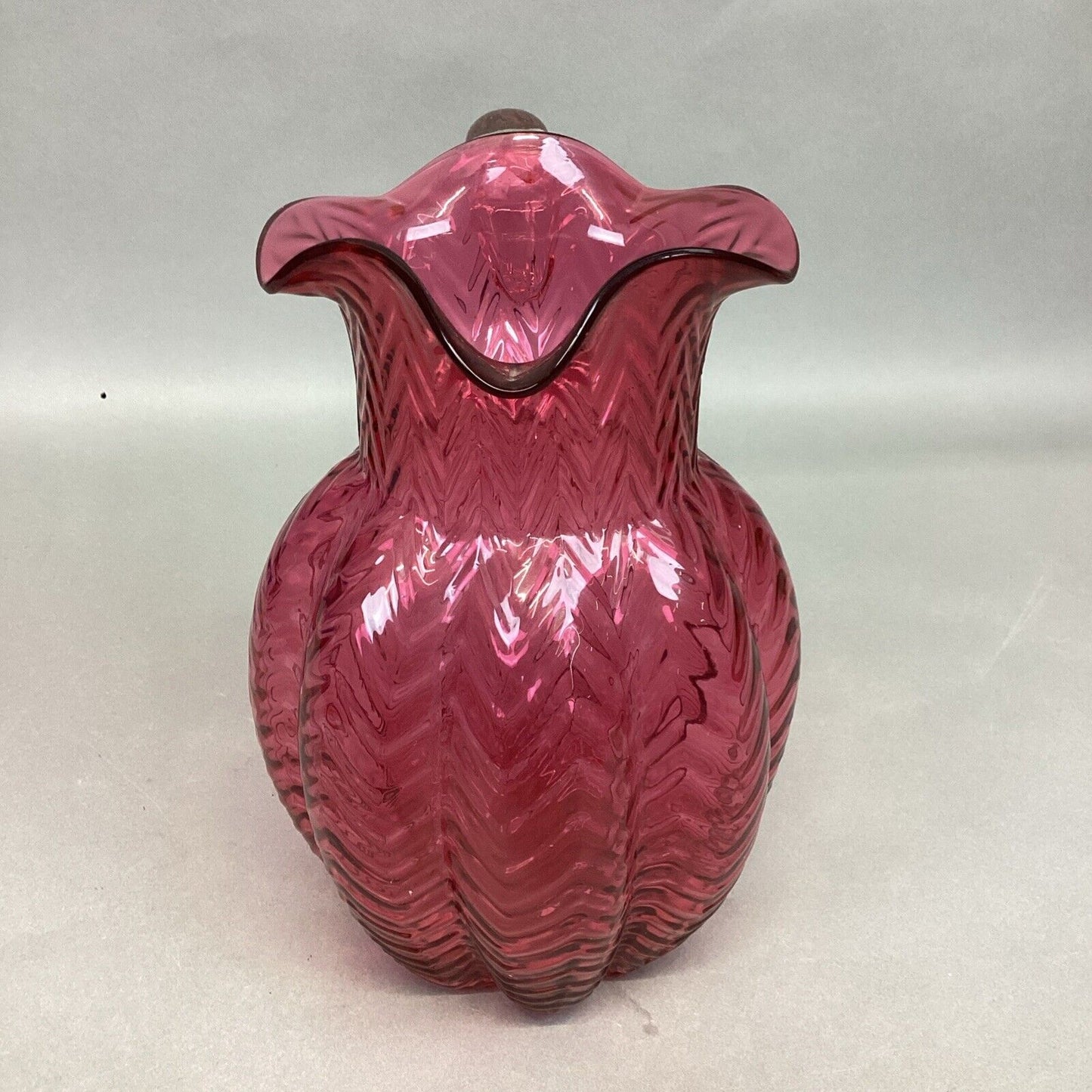 Vintage Fenton Cranberry Swirled Glass Pitcher - 8.75”H