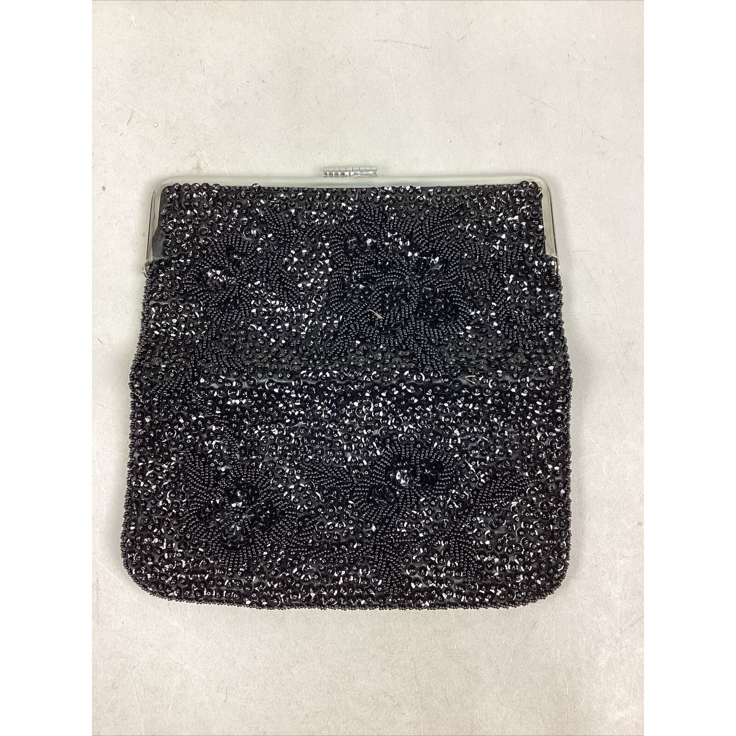 Vintage Black Beaded Fold Over Clutch Satin Beaded Side - 8”Lx4.25”H