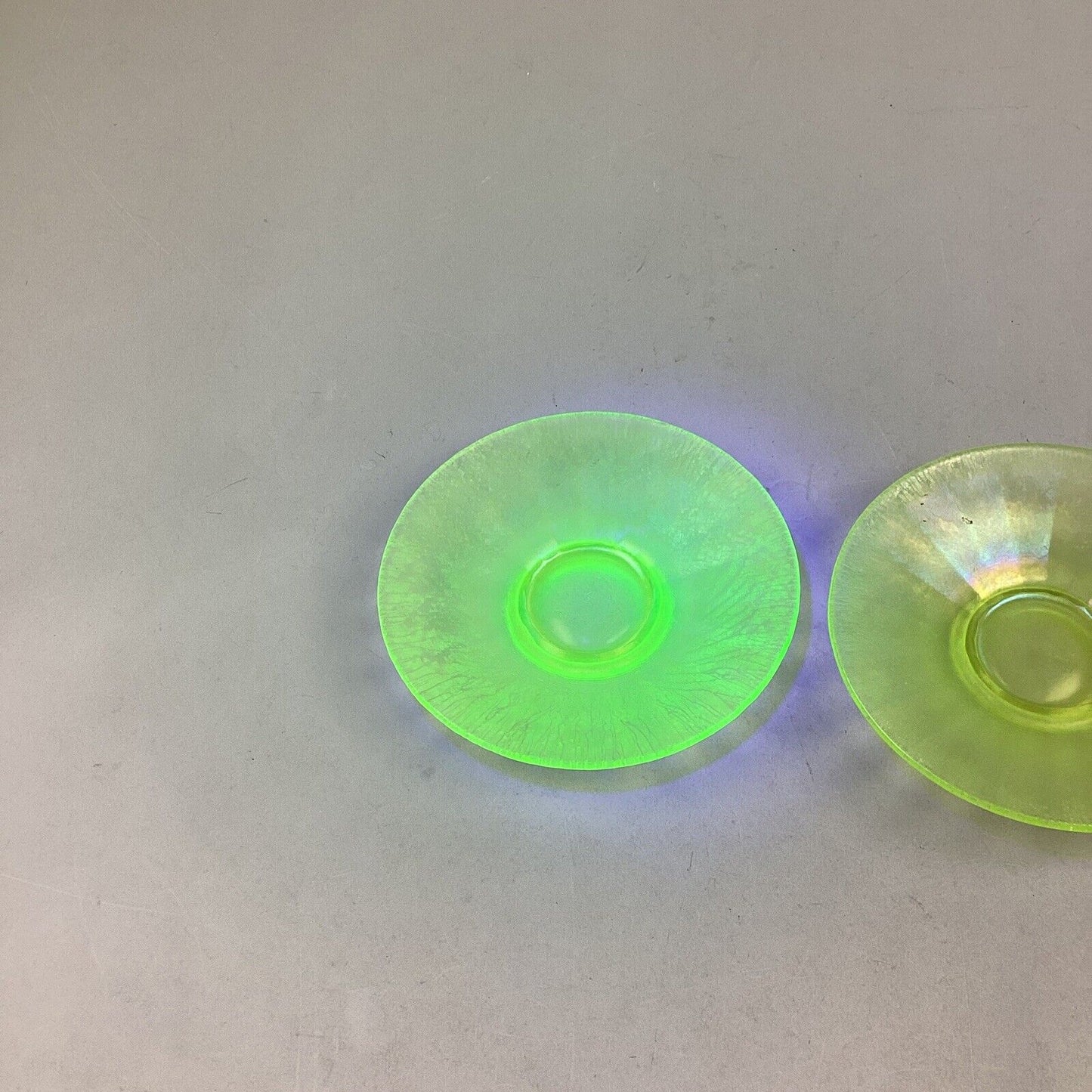 Set Of 2 Iridescent Uranium Glass Plate/Saucer Yellow Green Glows - 6.25”