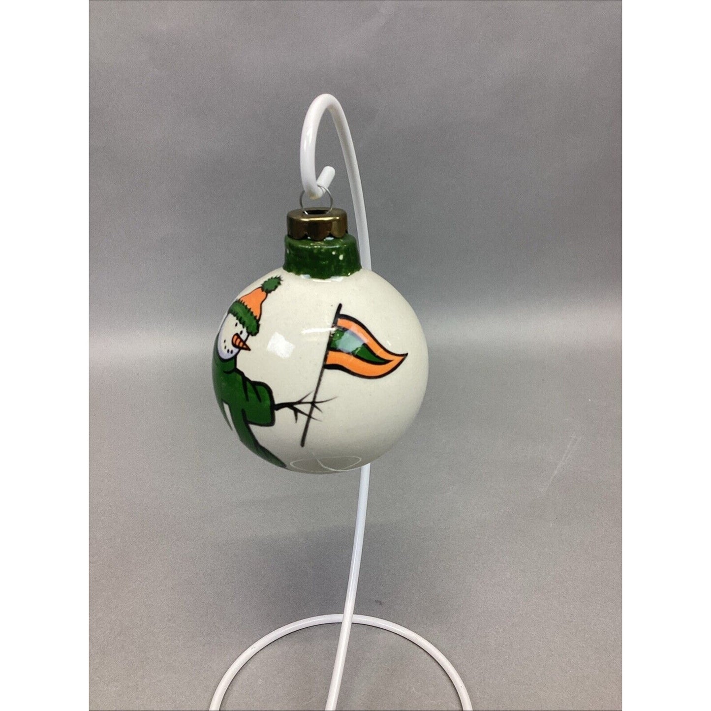 Vtg Ceramic Hand Painted Snowman w/ Club Sweatshirt & Flag Christmas Ornament