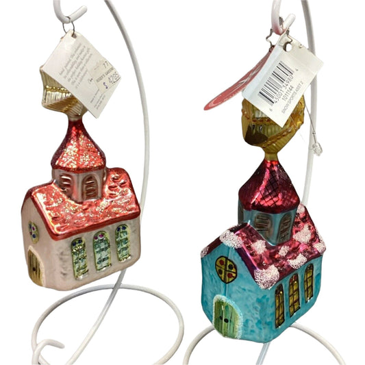Set Of 2 Radko Church Snow Sports Glass Christmas Ornaments With Tags