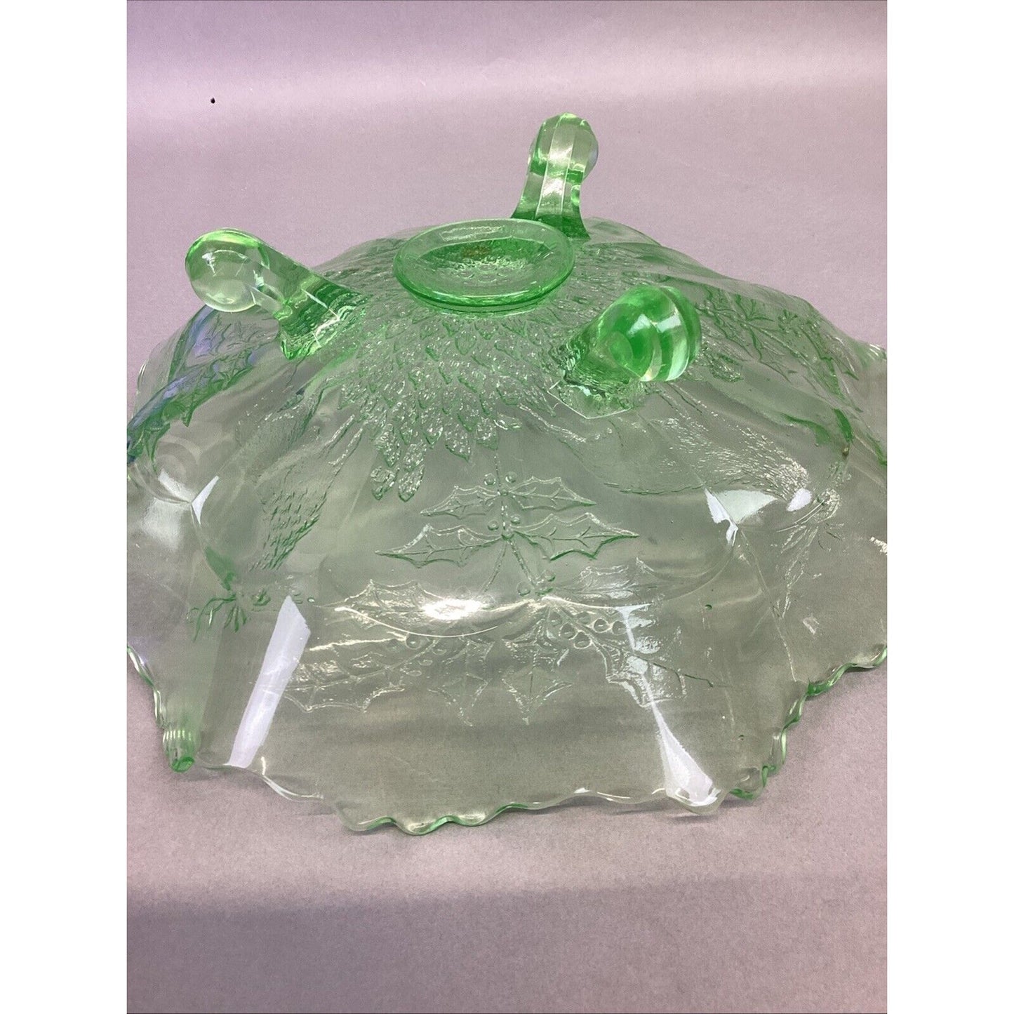 Vintage Fenton Stag and Holly Green Uranium Glass 3 Footed Bowl - 10x3.75”