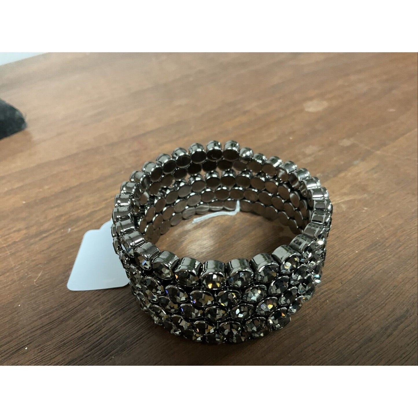 5 Lined Dark Silver Accordion Bracelet With Black Gems