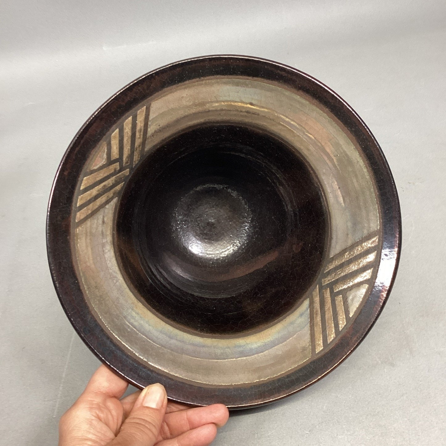 Handmade Pottery Medium Sized Geometric Shape Bowl - 8.5”D - Signed On Base