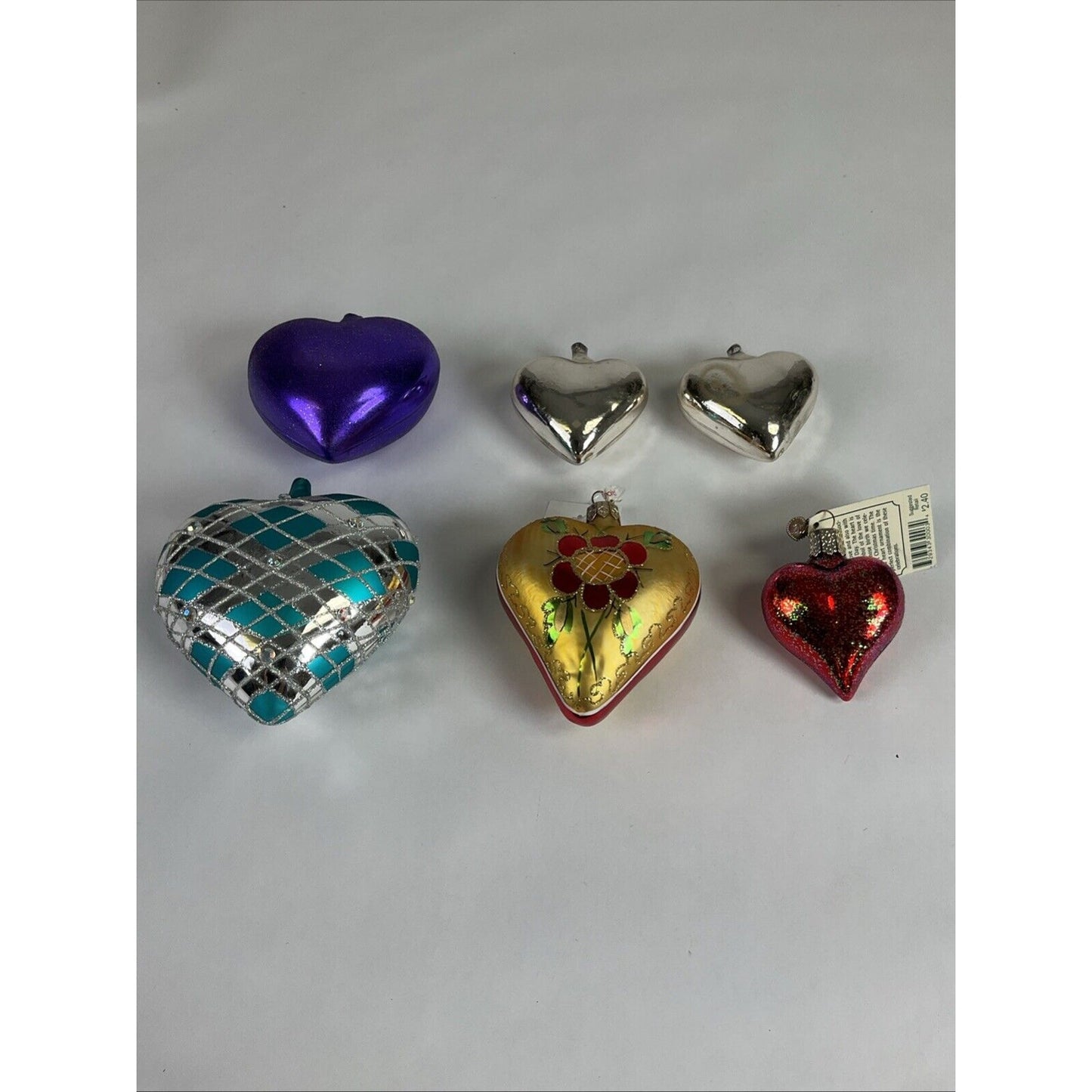 Lot Of 6 heart Shaped 2 Sided Glass Christmas Ornaments Purple Silver Red Floral