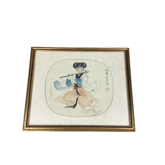 Antique Chinese Watercolor Painting On Silk - Girl Playing Flute