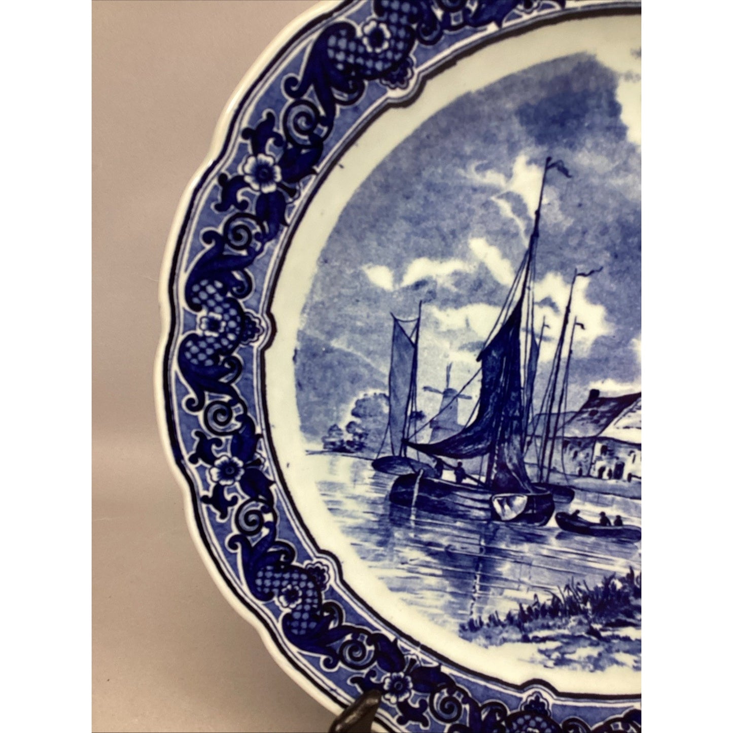 Vtg. Delft Royal Sphinx Maastricht 12" Sailboats/Windmill Plate Made In Holland