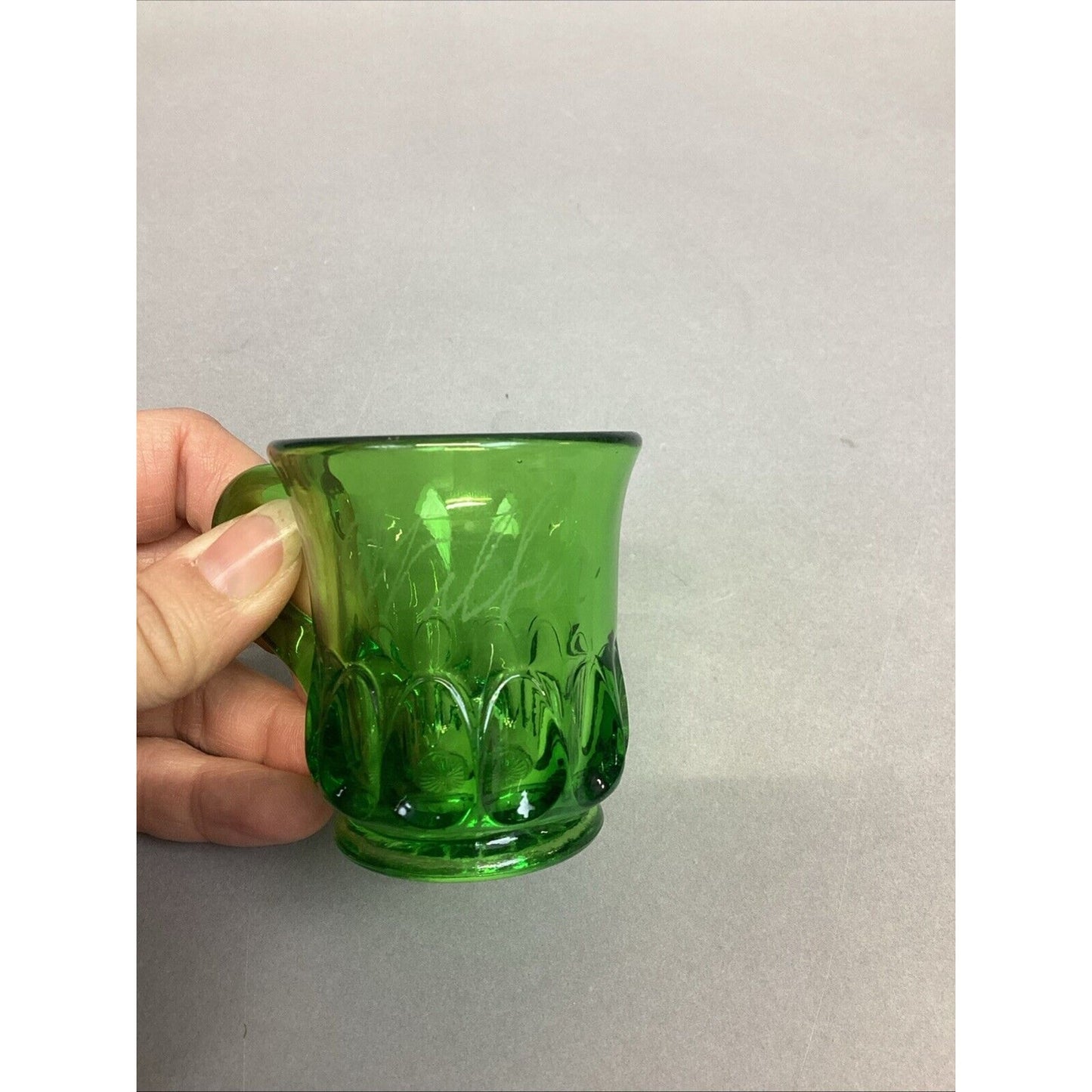 EAPG US Glass Arched Ovals Green Antique 2.5” Souvenir Mug 1905 - ‘Wilbur’.