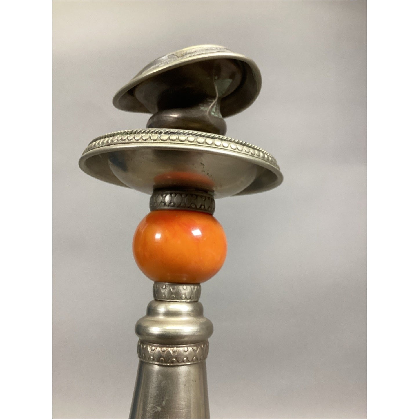 VINTAGE ORNATE Orange METAL/Bakelite CANDLESTICK CANDLE HOLDER - 13.5”H