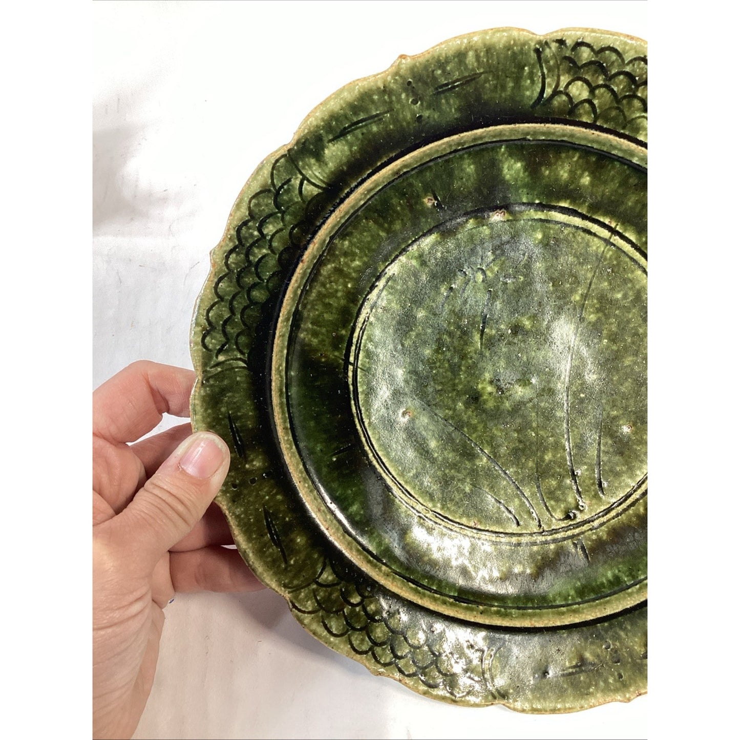 Handmade Hand Painted Dark Green Soup Salad Bowls - 8.25”D