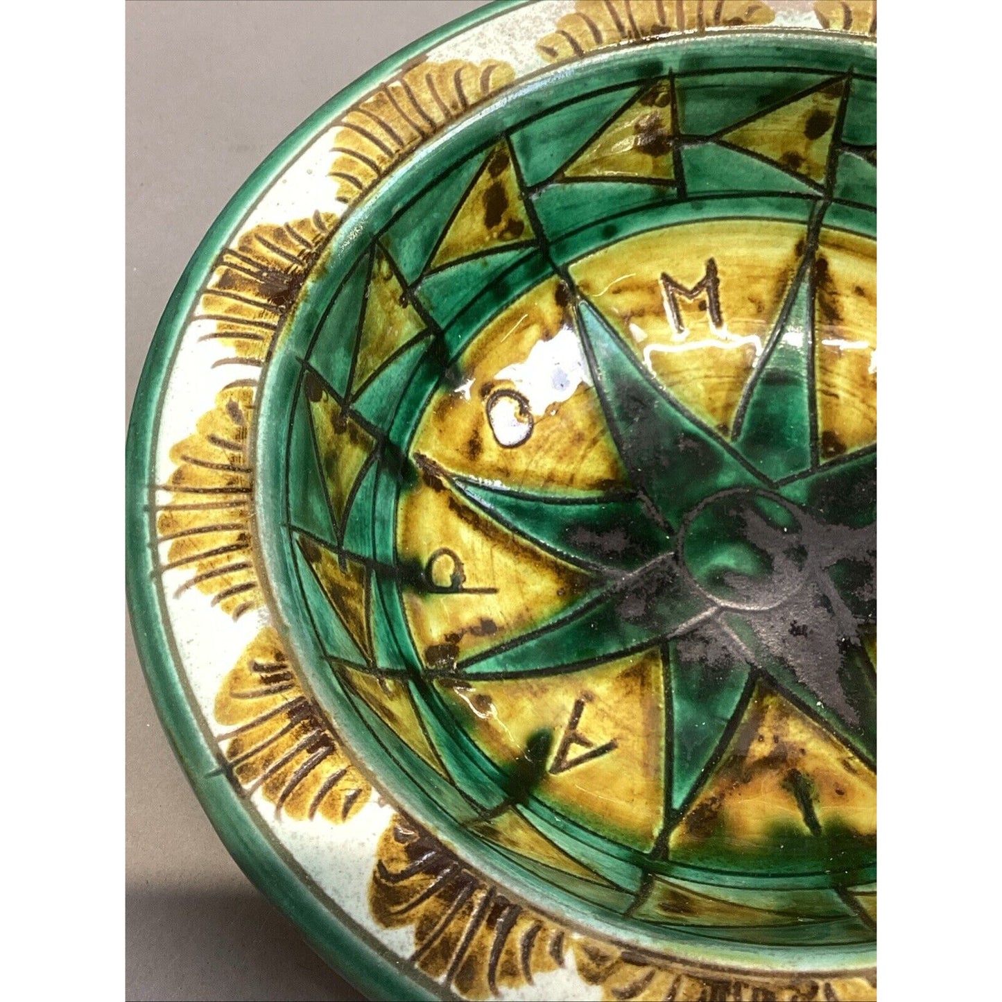 Handmade Green & Yellow Pottery Bowl - 2”Hx7”D