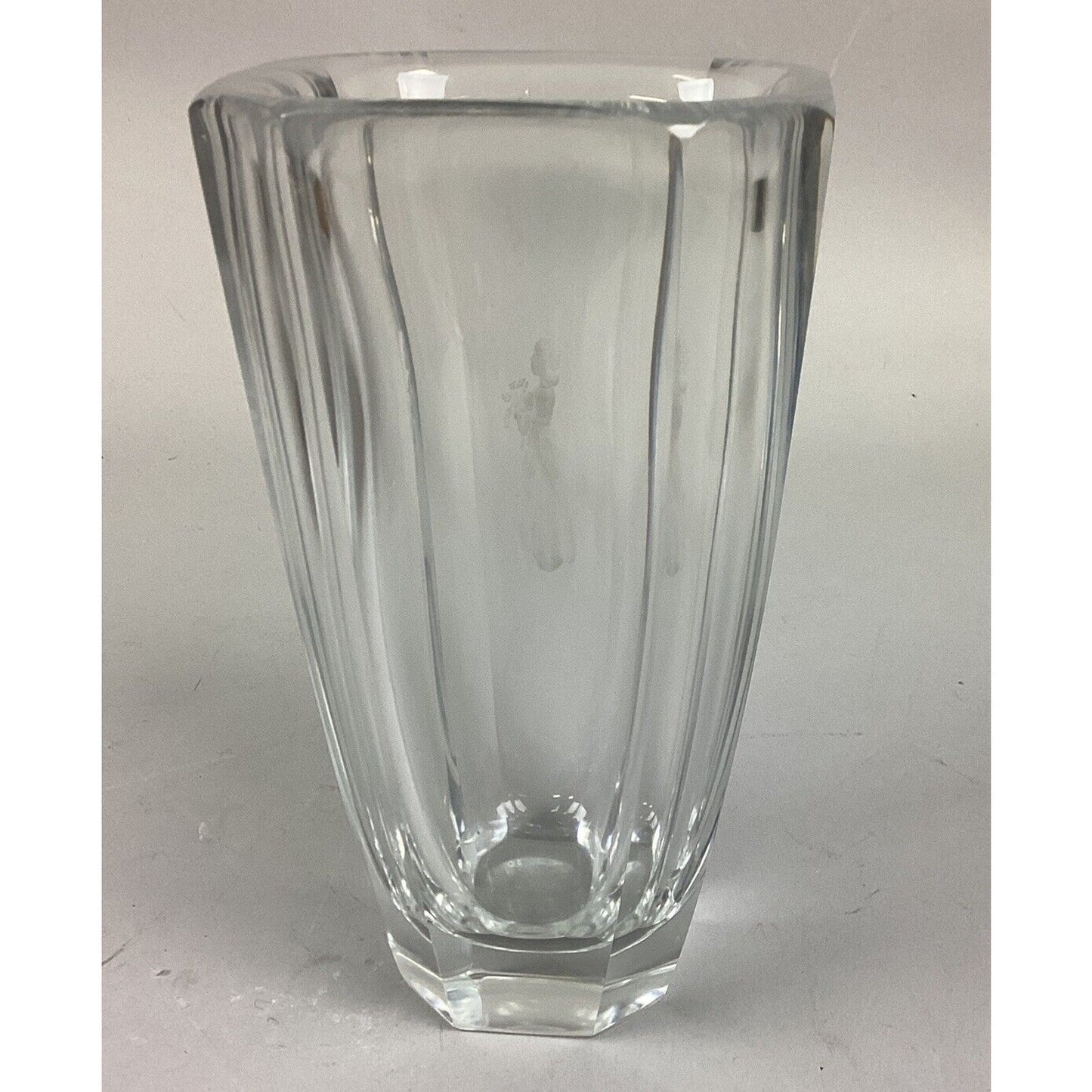 Orrefors Glass Flower Vase Featuring A Girl With Flowers Etched In Glass- 7 3/4”