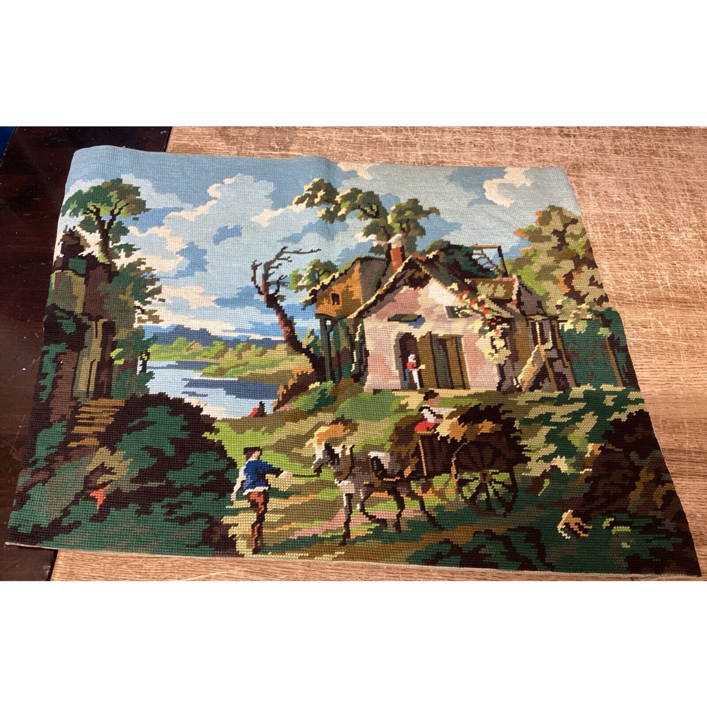 Handmade Cross Stitch Country Lake Scene - 24x19.5”