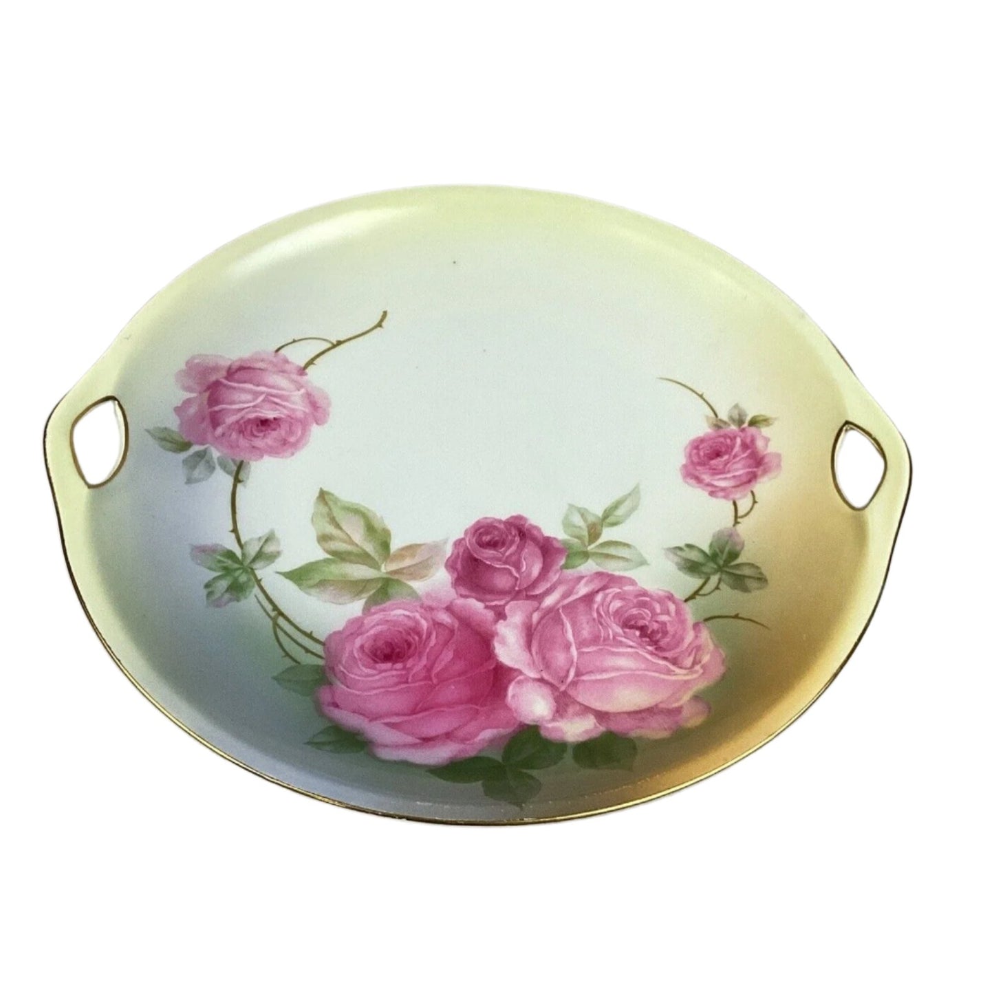 Antique German Roses Cookie Cake Dessert Serving Dish With Gold Trim & Handles
