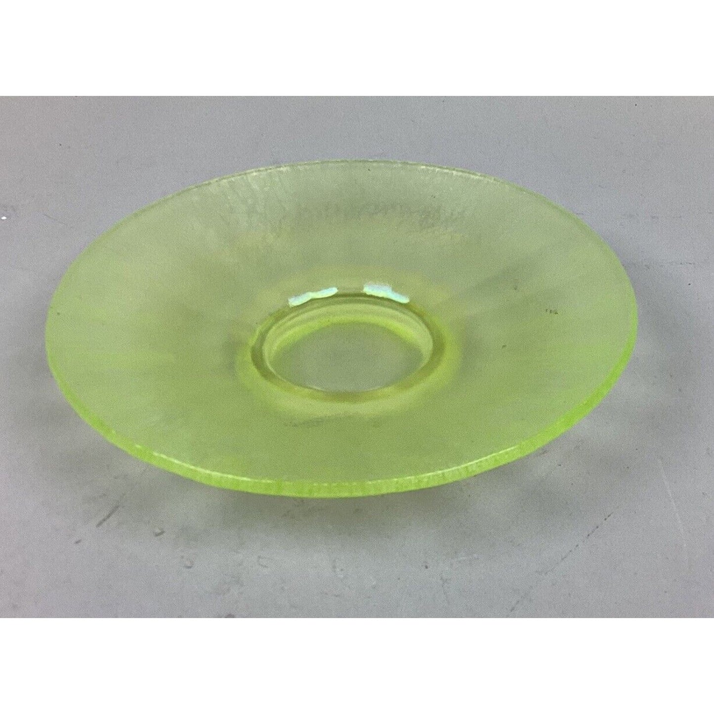 Set Of 2 Iridescent Uranium Glass Plate/Saucer Yellow Green Glows - 6.25”
