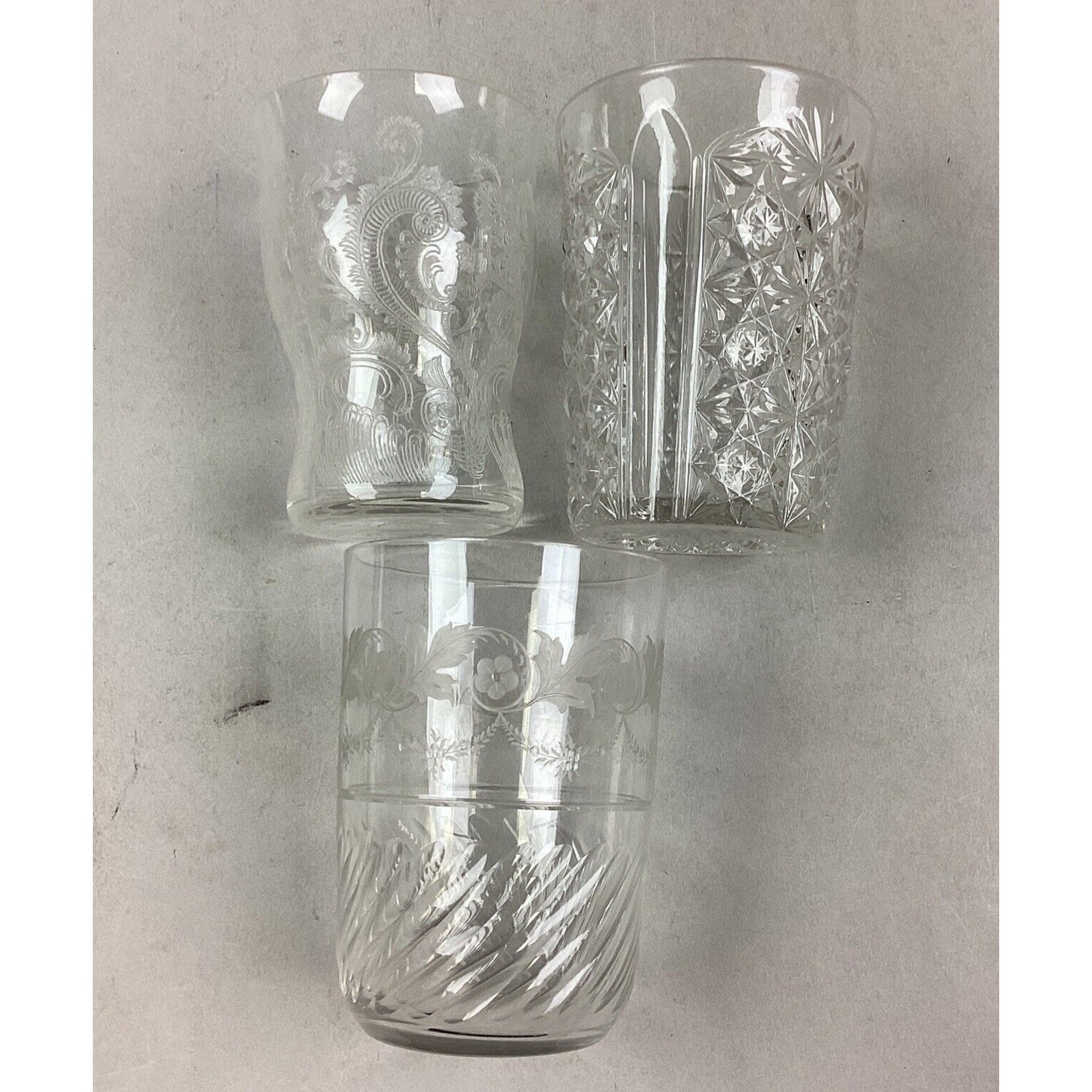3 Vintage Decorative Glass Tumblers - Etched Glass, Daisy/Buttons & Floral Glass