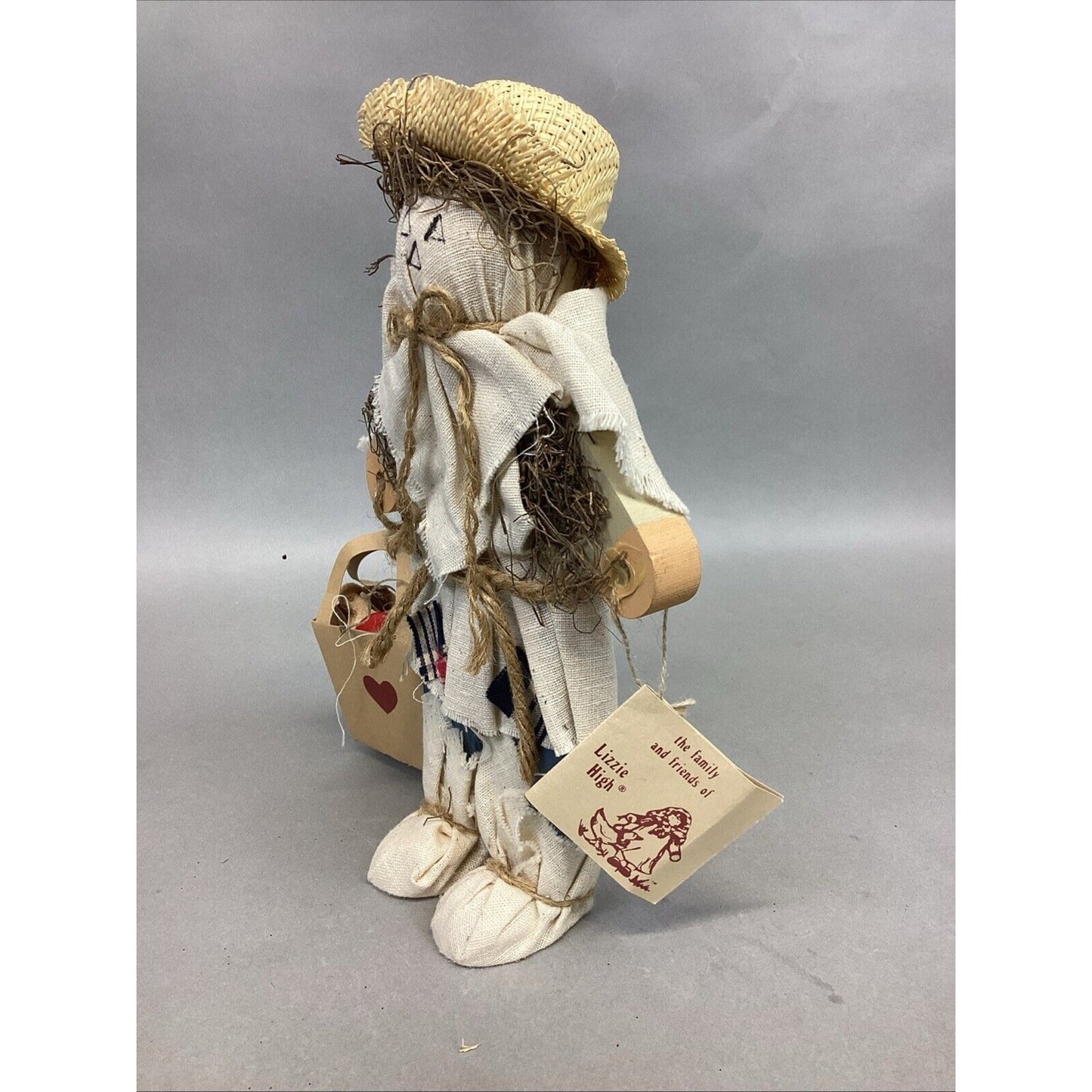 Vintage Lizzie High Scarecrow Wooden Figurine Patch Work - Signed - Fall Decor