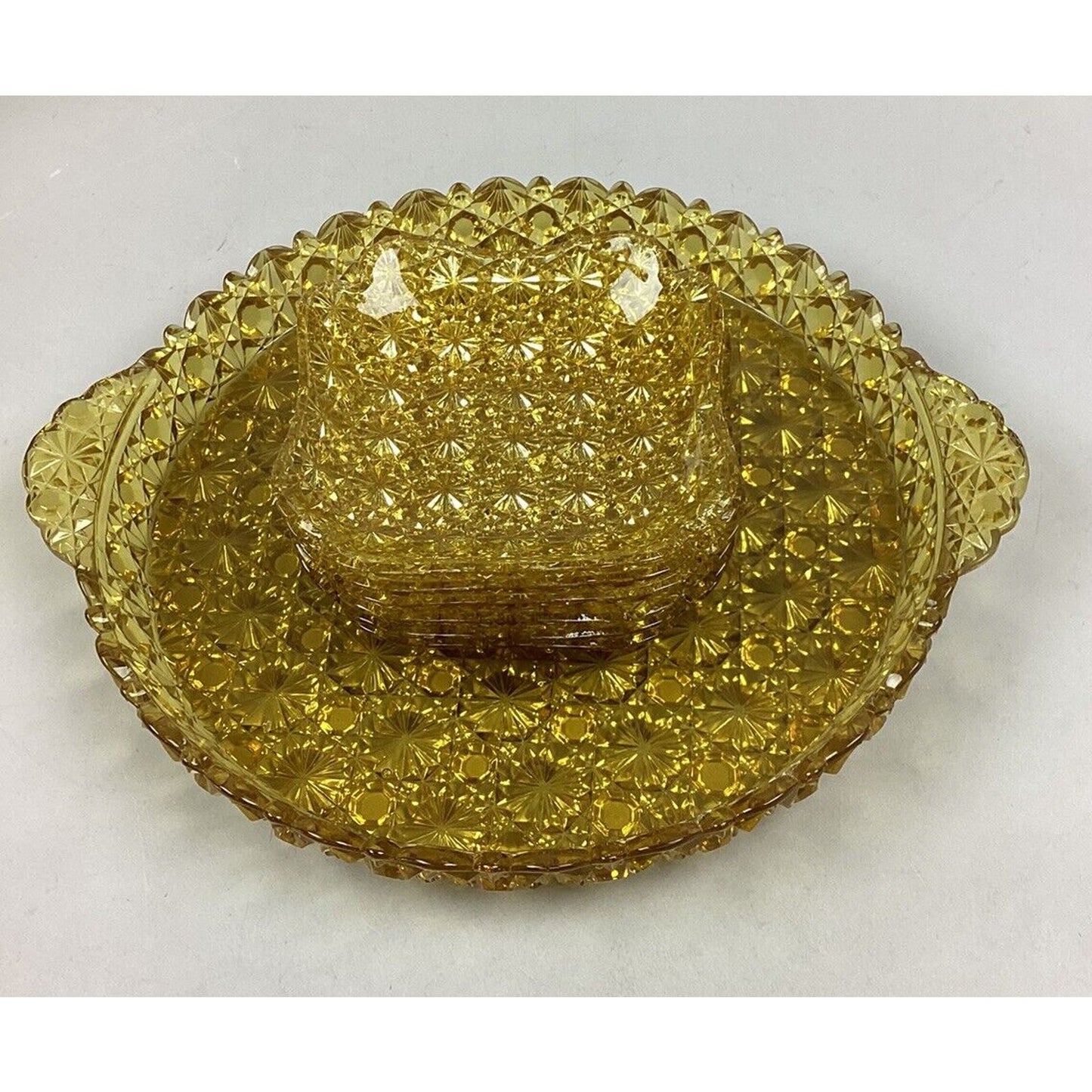 Amber Gold Star Cut Glass Serving Dish & 6 Curved Dessert Bowls/Plates