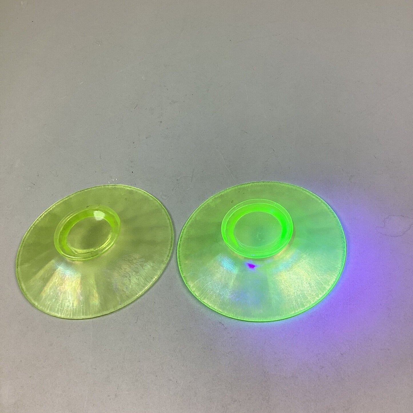 Set Of 2 Iridescent Uranium Glass Plate/Saucer Yellow Green Glows - 6.25”