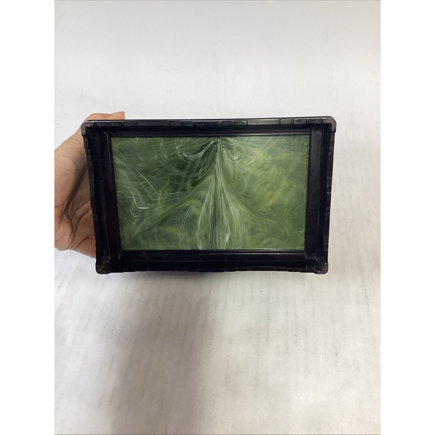 Vintage Green Marbled Celluoid Chinese Style Jewelry Box 3-Drawer