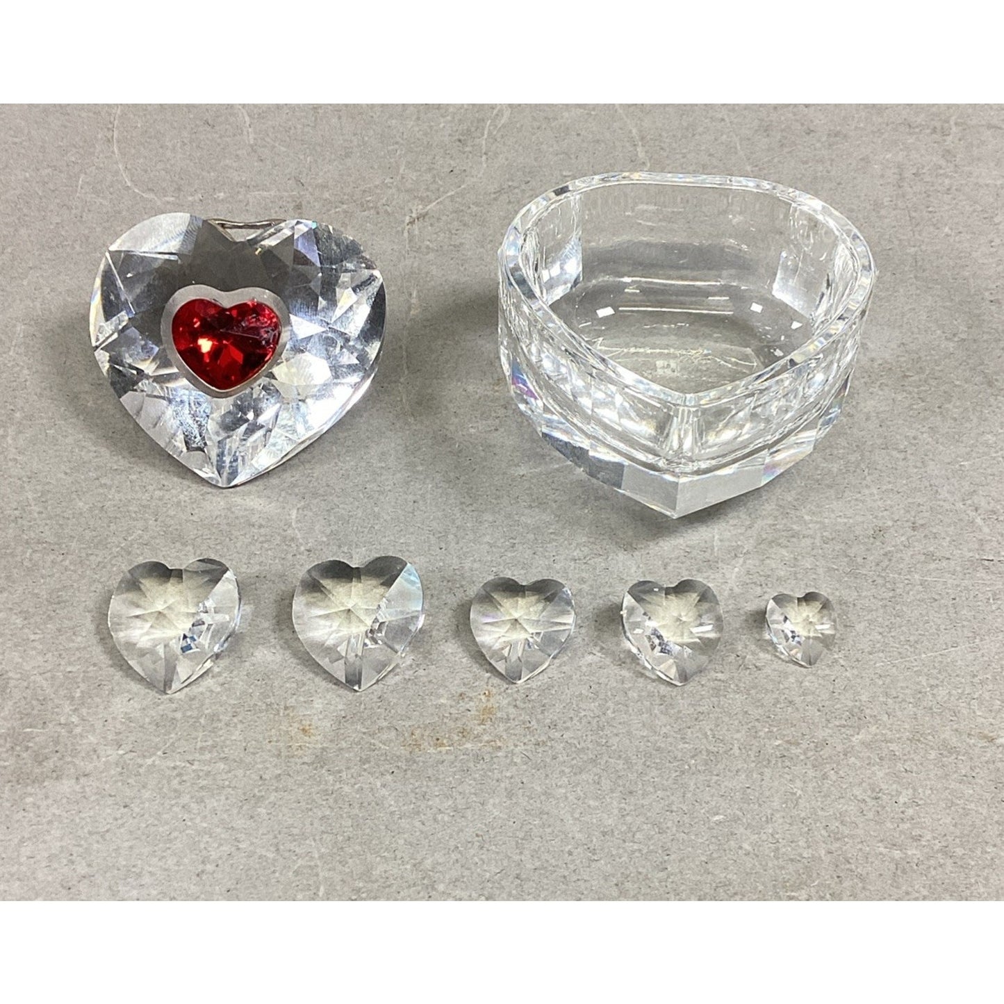 Set Of 7 - Swarovski Crystal Heart Ornament, Trinket Dish & 5 Mini Hearts