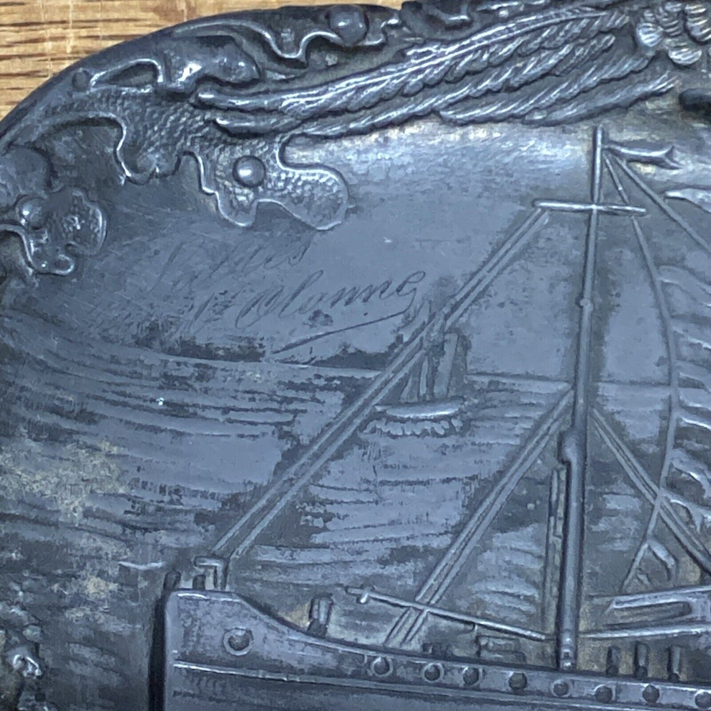 Antique Pewter Steamship Embossed Decorative Ashtray - 6x4”