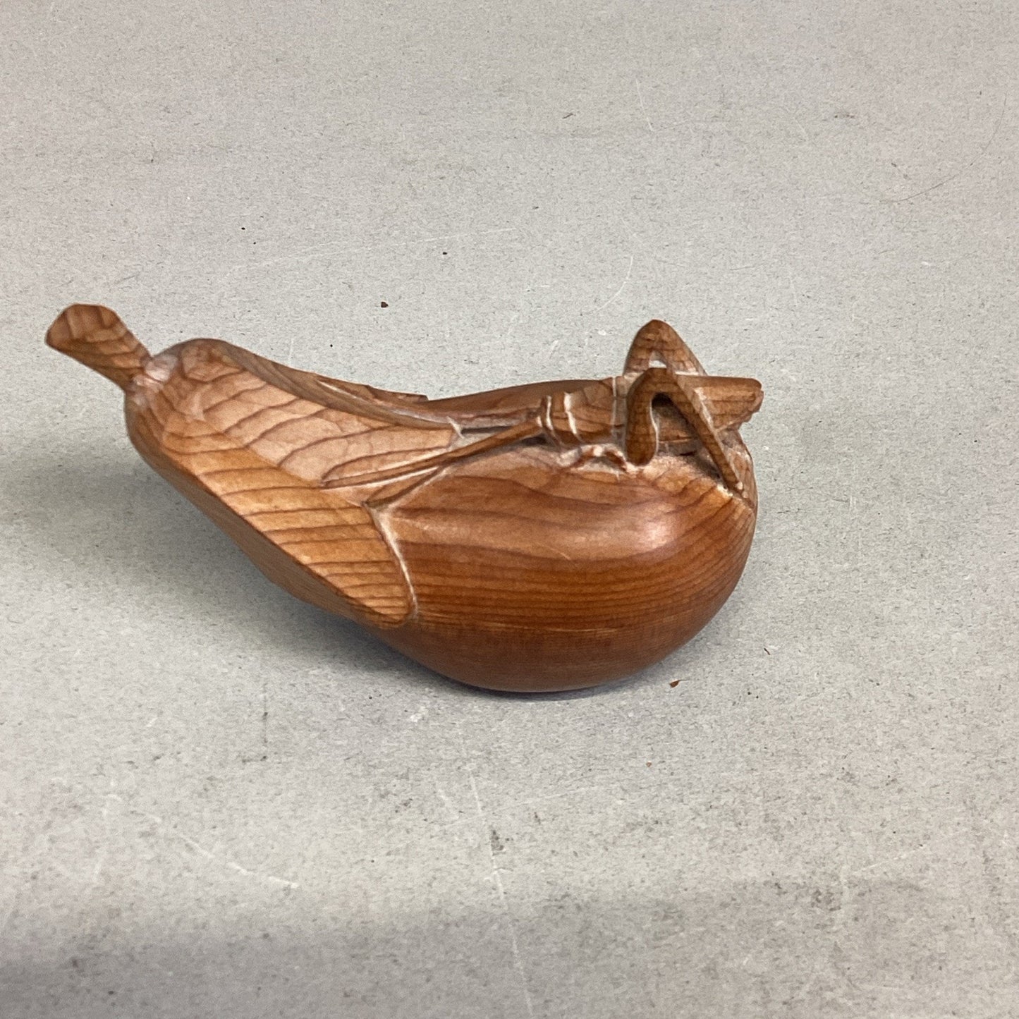 Hand Carved Wooden Grasshopper Cricket On Pear Miniature Trinket Box Figurine