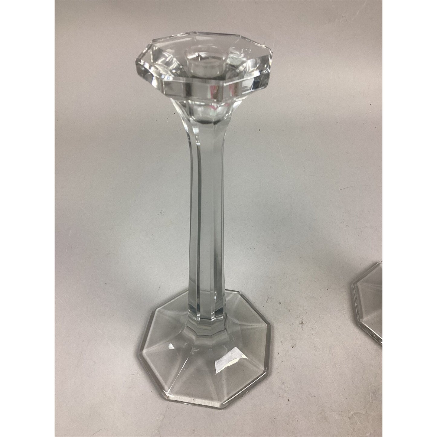 2 Large Clear Glass Vases With Octagonal Bases - 11.25”H