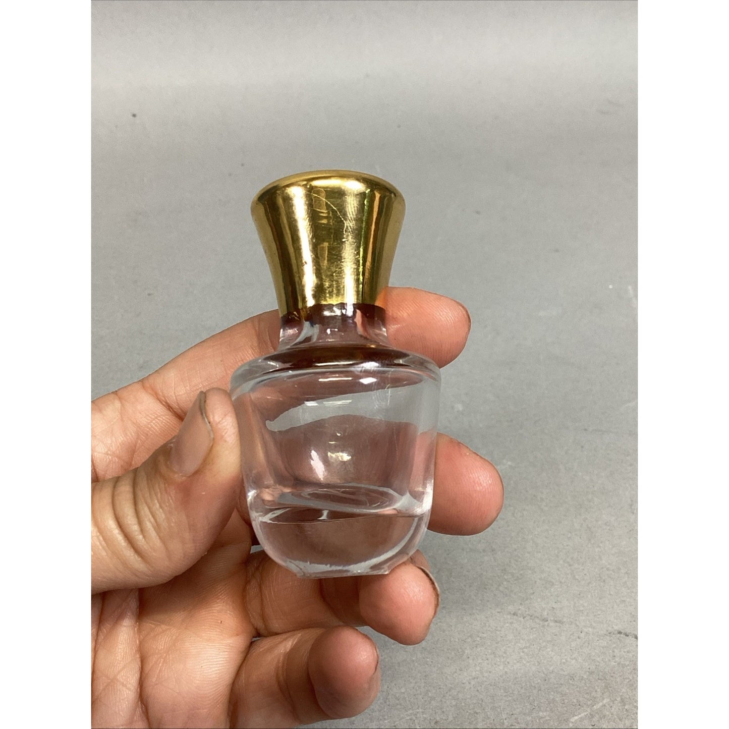 Vintage Glass Perfume Bottle FIGURINE with Gold Top - 2.5”H