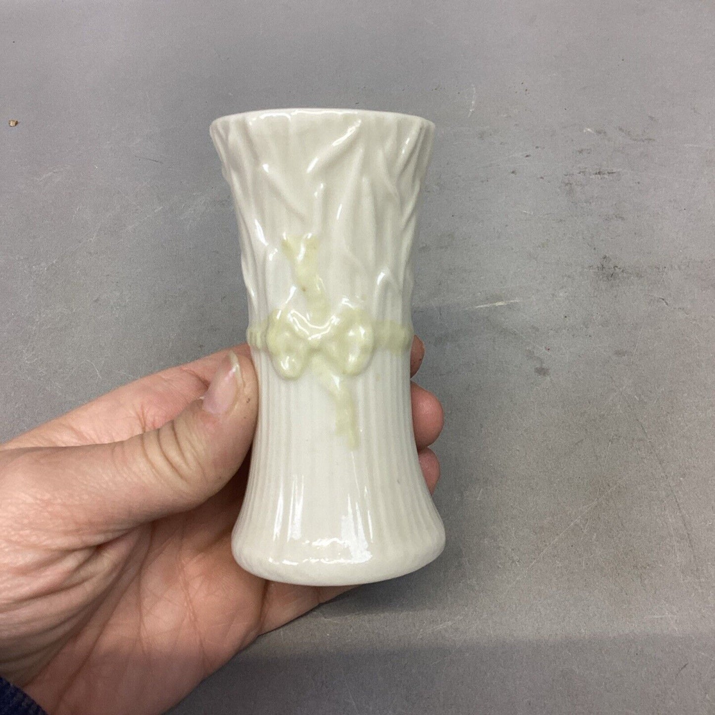 Belleek Yellow Ribbon Bud Vase, Cup/Saucer And Heart Candy Dish