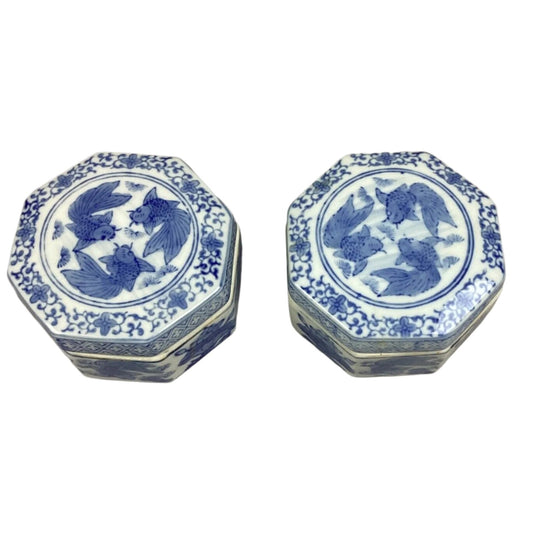 Lot Of 2 Octagon Ceramic Oriental Fish Trinket Boxes