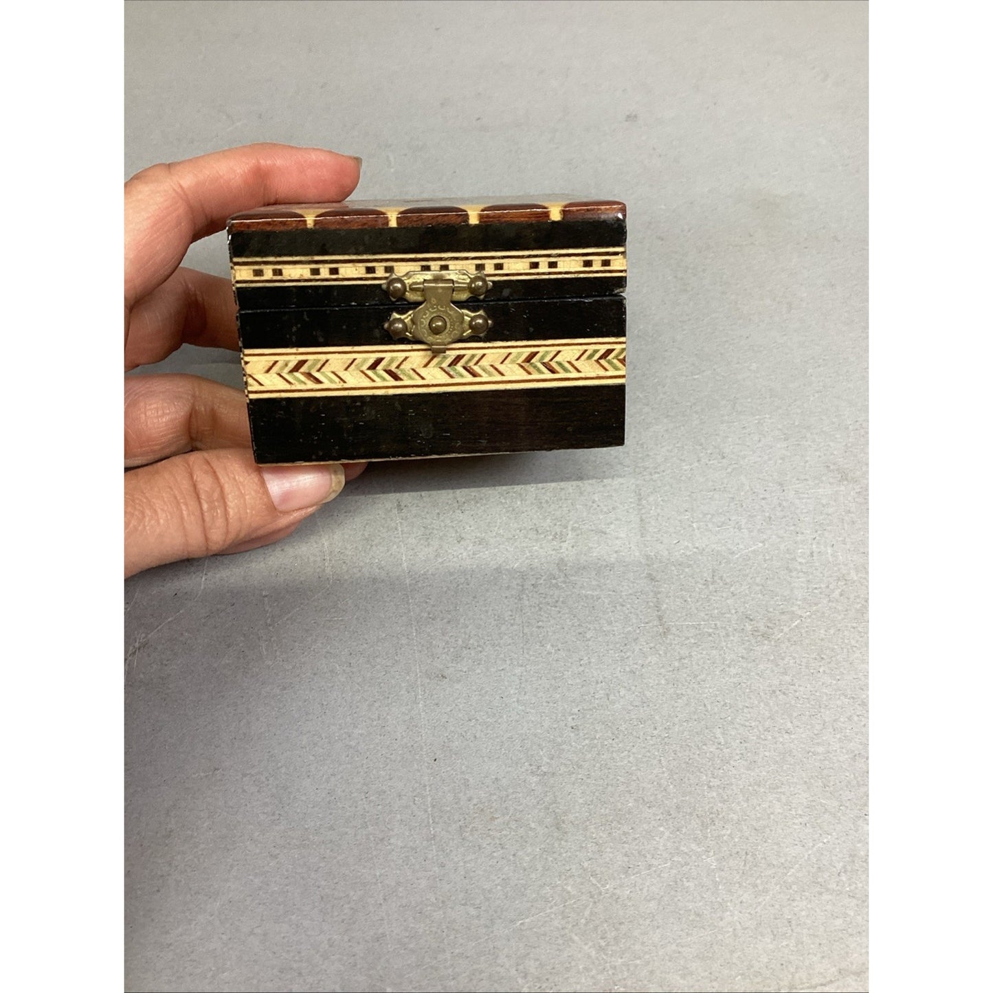 Vintage Lacquered Wood Box Trinket Mosaic Jewelry Stash 2 7/8x2.5x1.75”
