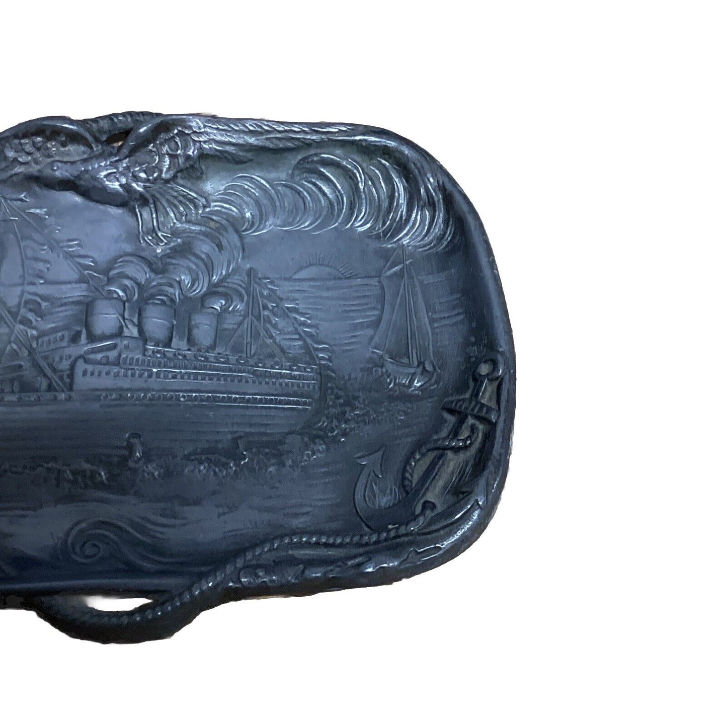 Antique Pewter Steamship Embossed Decorative Ashtray - 6x4”