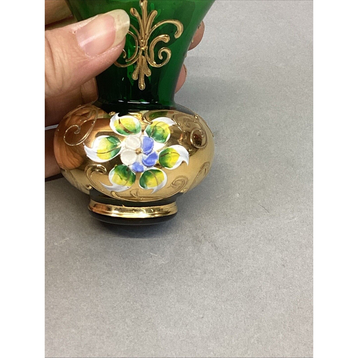 Vtg Bohemian Czech Green Glass Vase Encrusted Gilt Gold Enamel Flowers - 3.25”