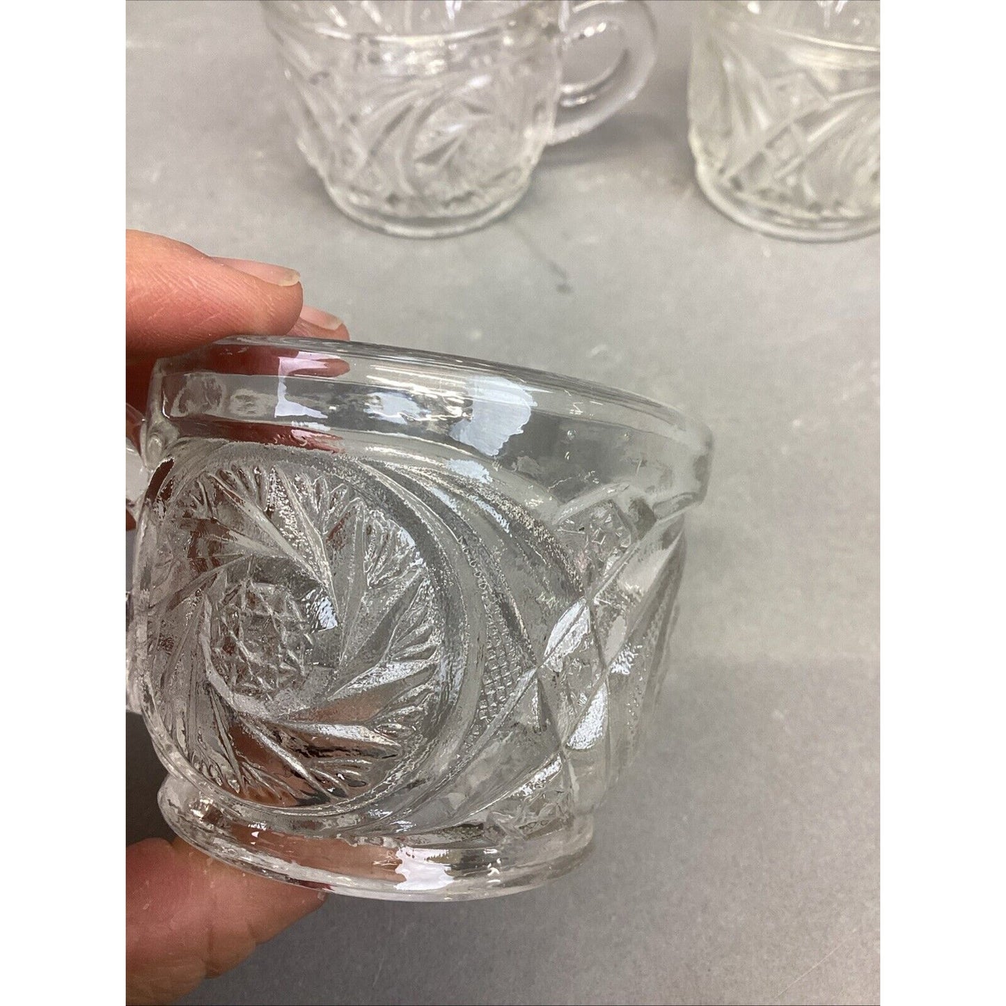 L.E. Smith Aztec Carved Crystal Glass Punch Bowl Cups - Set Of 7