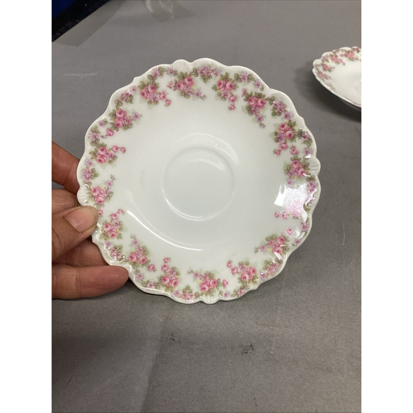Set Of 10 Vintage Elite Works Limoges Scalloped Edge Saucers Pink Roses - 5-3/4”