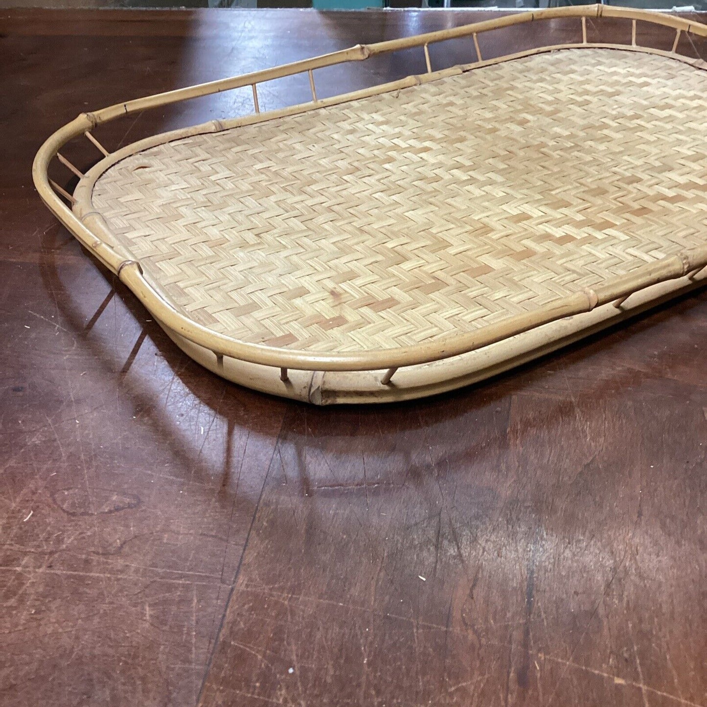 Vintage Woven Bamboo Rattan Wicker Serving Lap Trays Tiki Bar