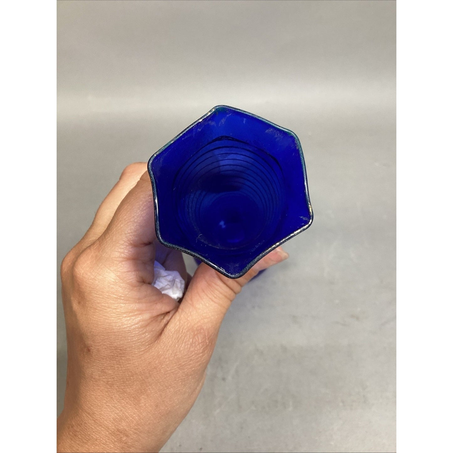Vintage Cobalt Blue Glass Vase With Gold Stripes - 12”H