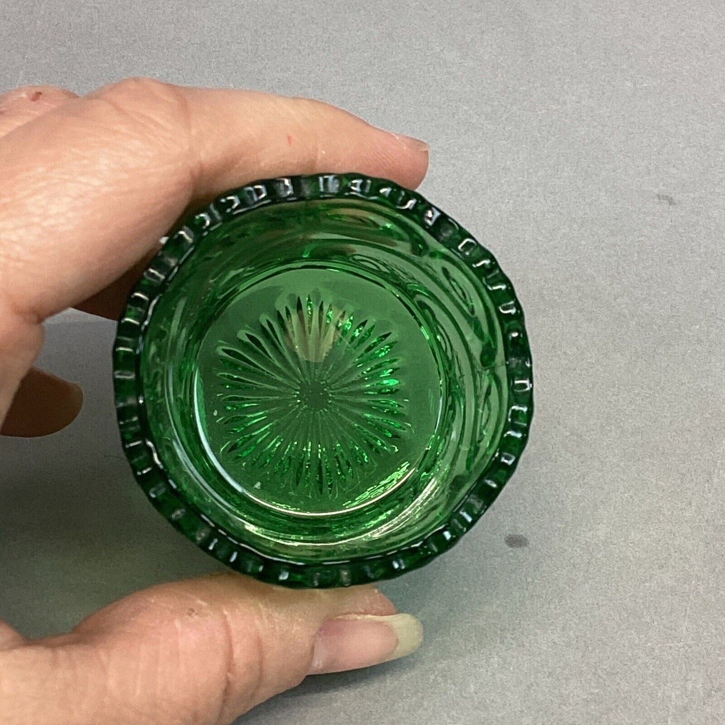 Vintage Pressed Green Glass Toothpick Holder Swirling Waves - 2.5x1.75”