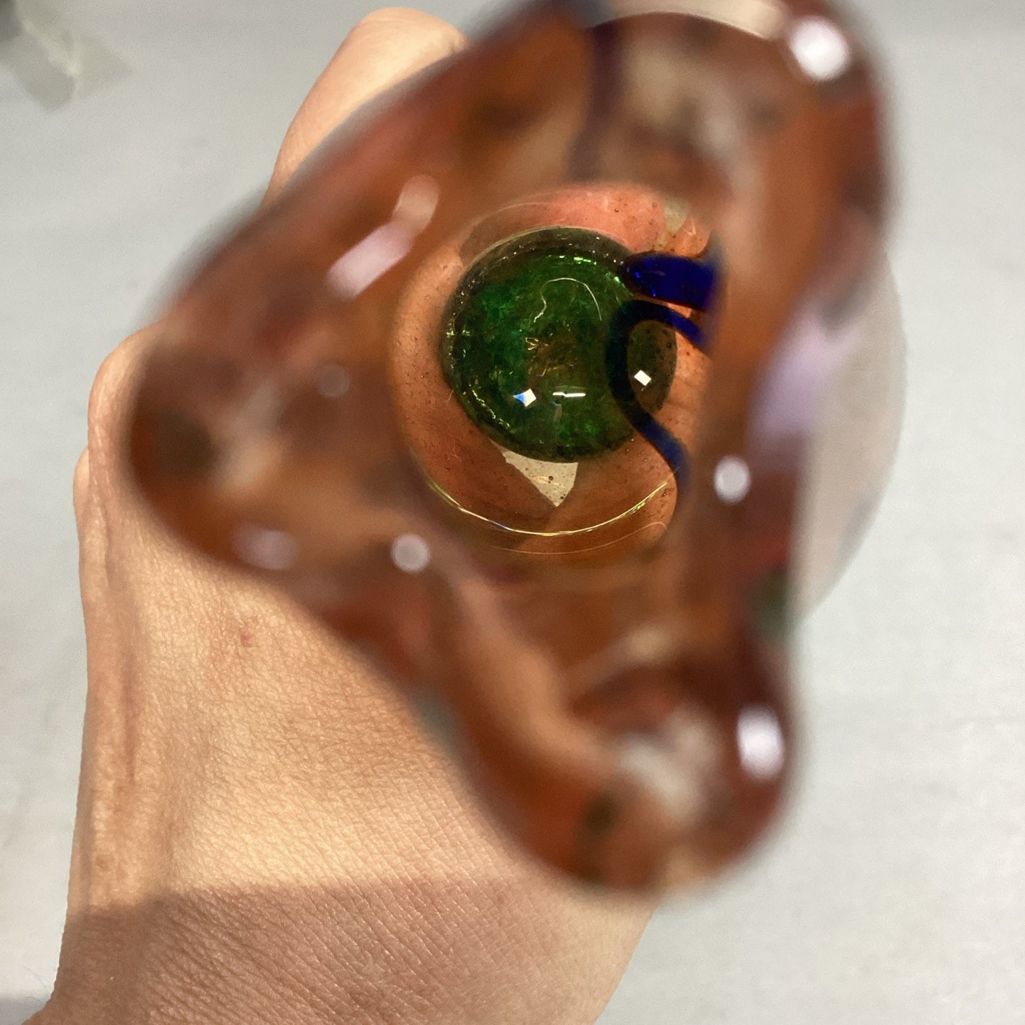 Handblown Peach Blue Green Glass Flower And Stem - 23”L