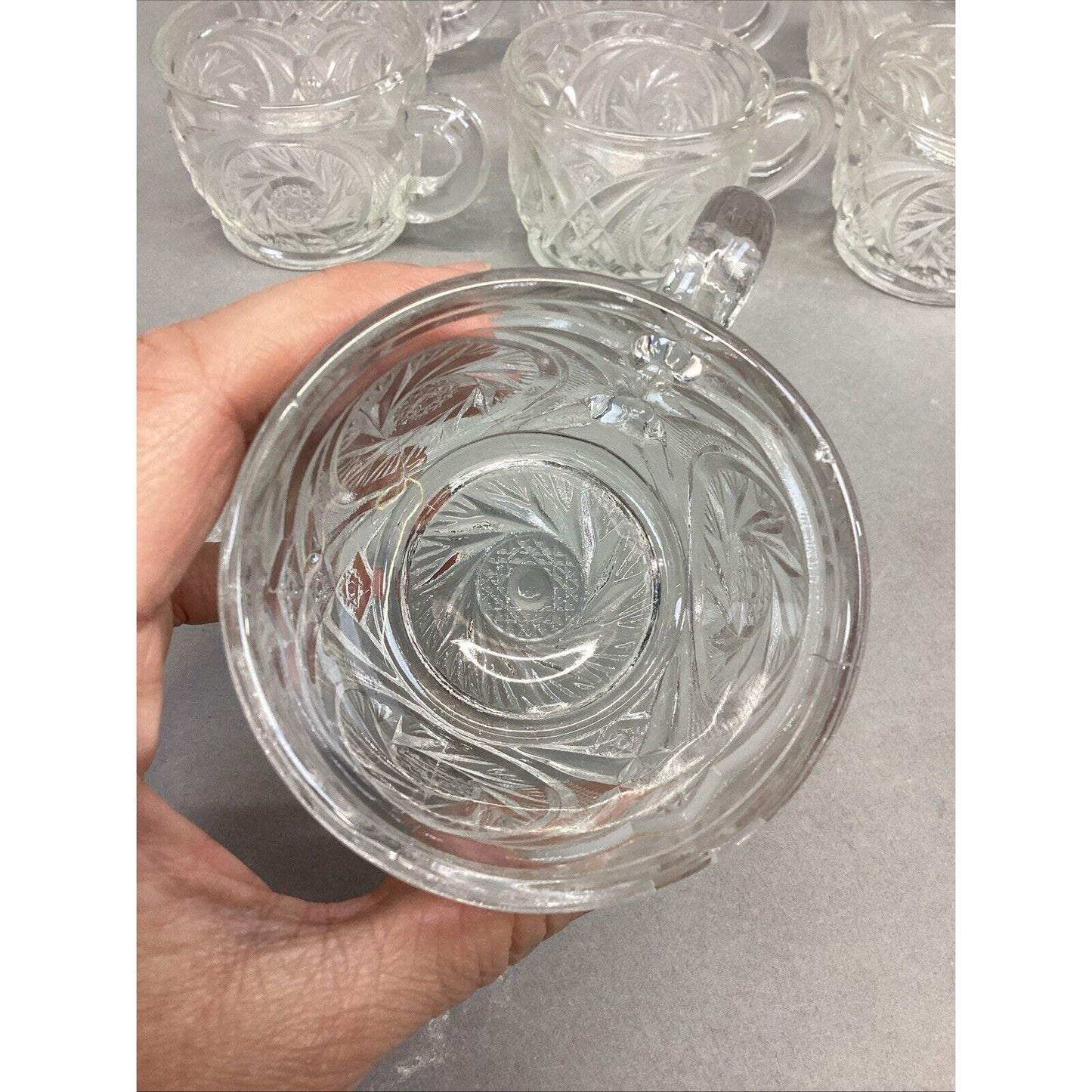 L.E. Smith Aztec Carved Crystal Glass Punch Bowl Cups - Set Of 7