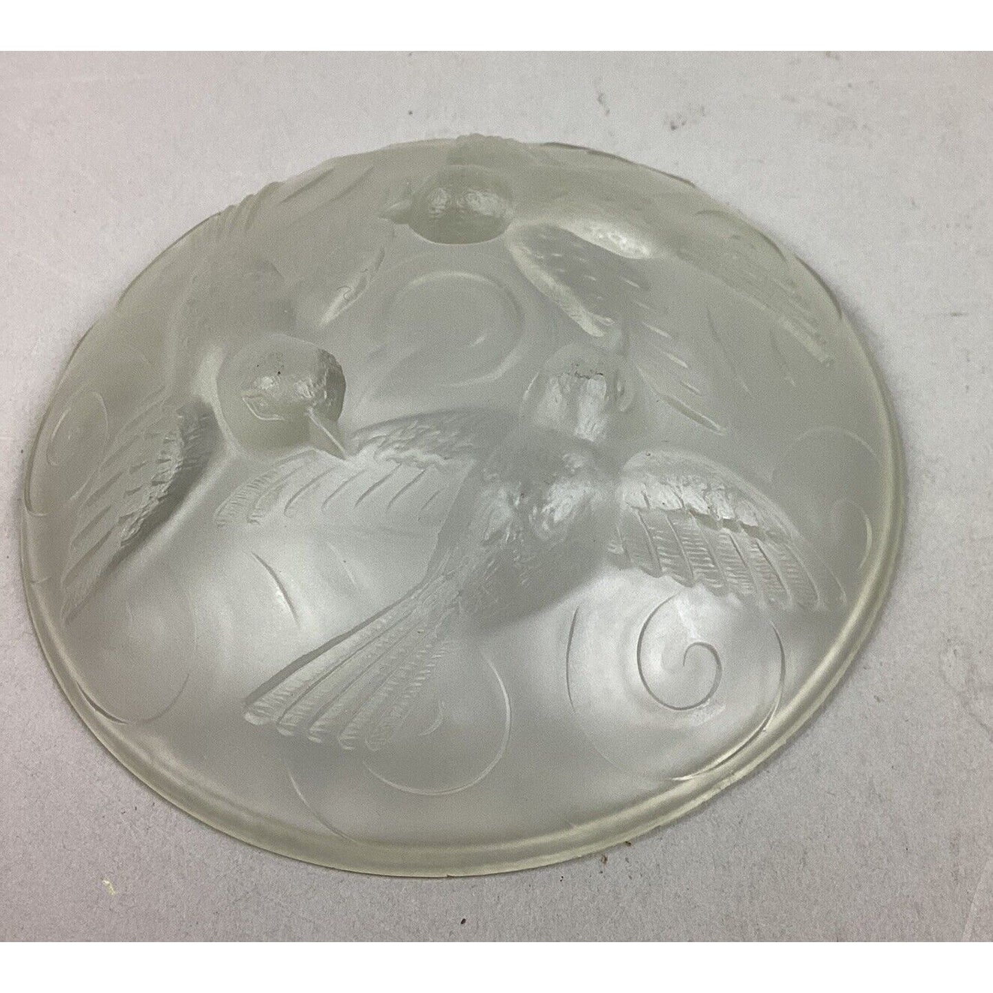 Vintage Czech Frosted Crystal Glass Flying Birds Trinket Dish - 4”