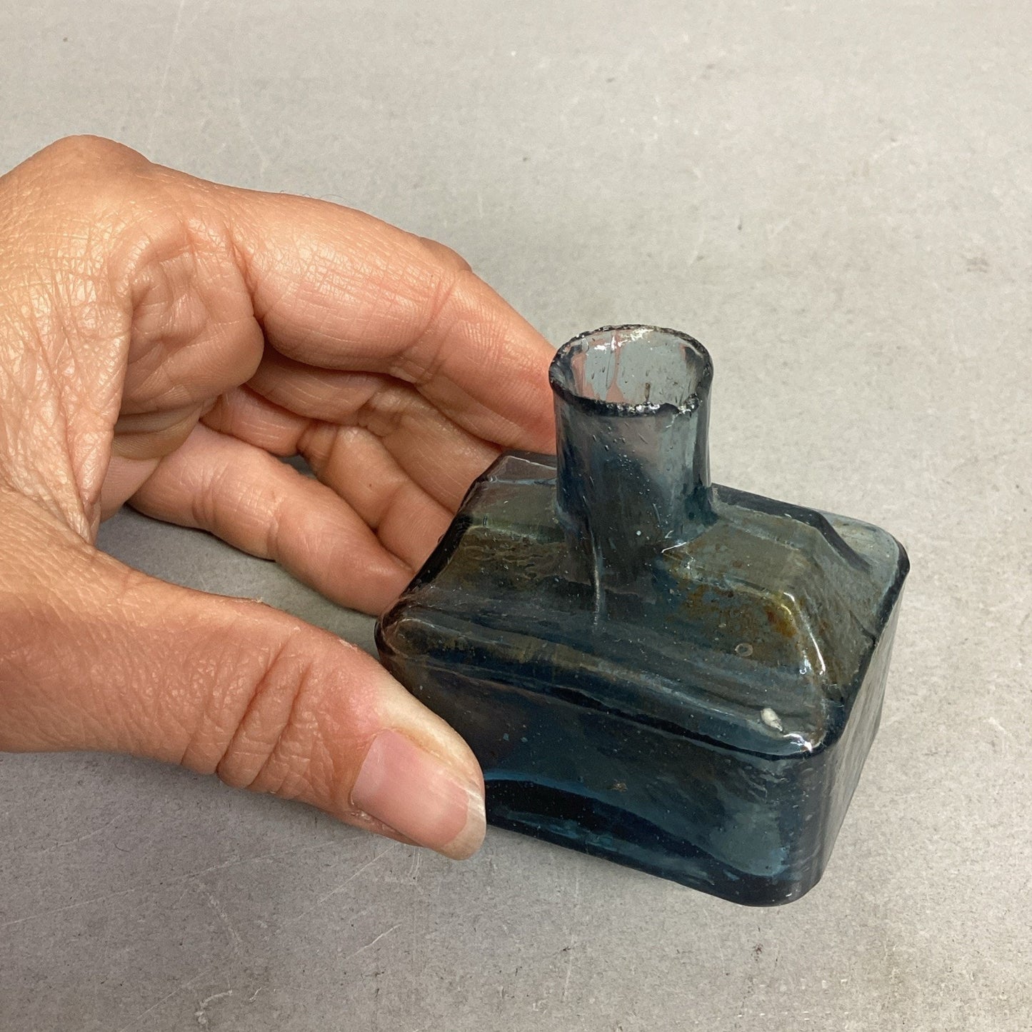 Antique Blue Burst Top Boat Glass Inkwell